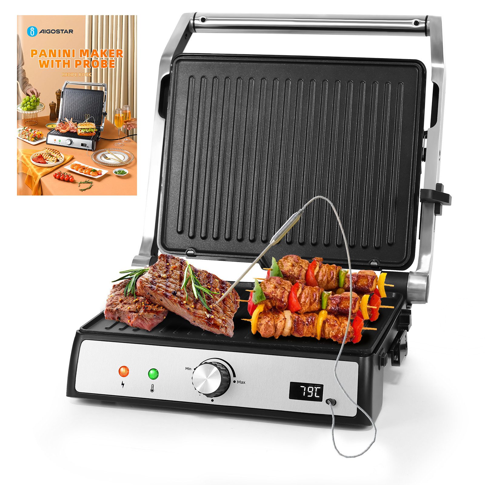 Aigostar Paninigrill Sandwichtoaster mit Lebensmittel-Sonde, Herausnehmbaren Platten, 2000 W, Automatischer Temperaturregelung, 180° Flach Aufklappbar
