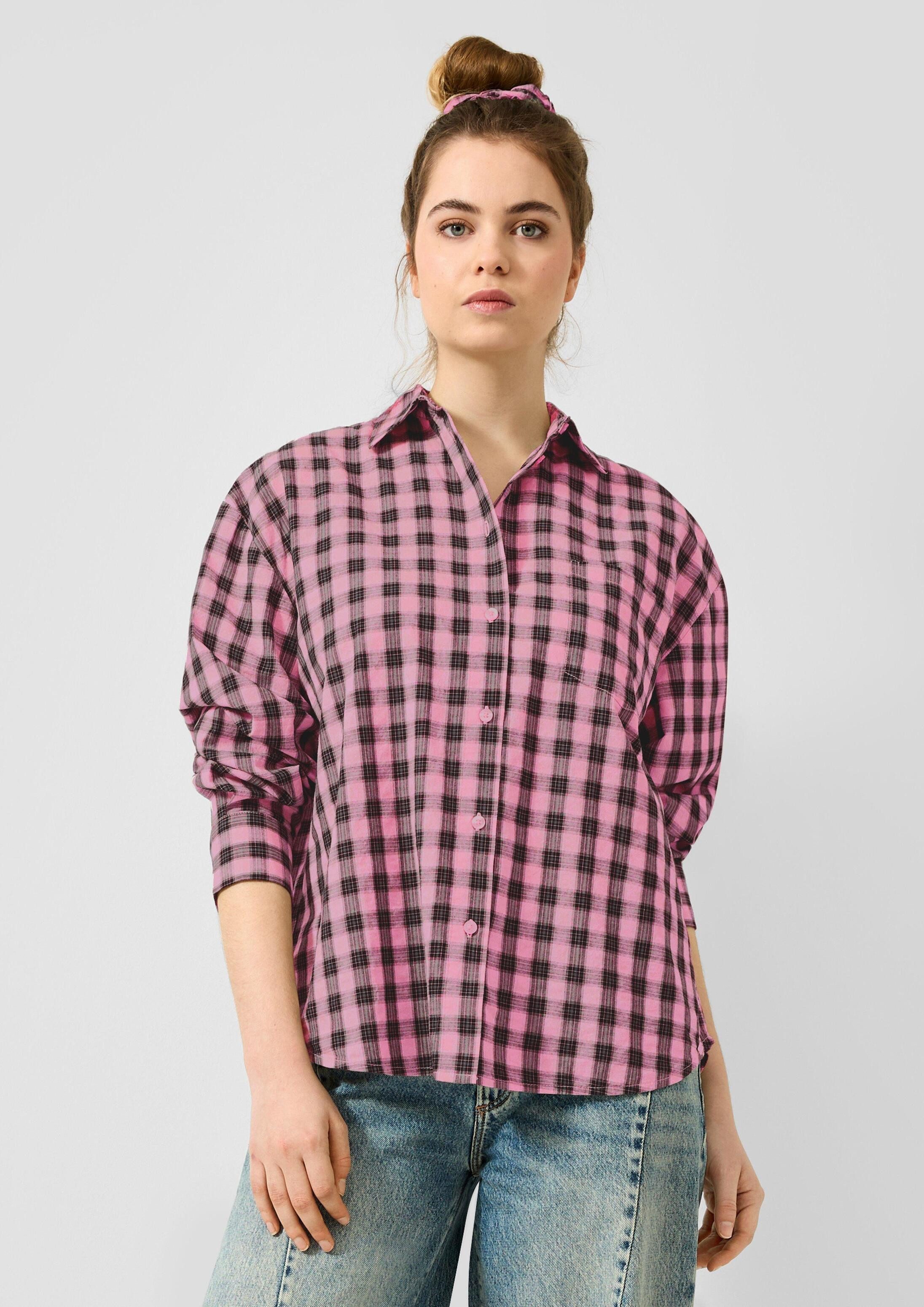 QS Langarmbluse Bluse Karohemd mit passendem Scrunchie