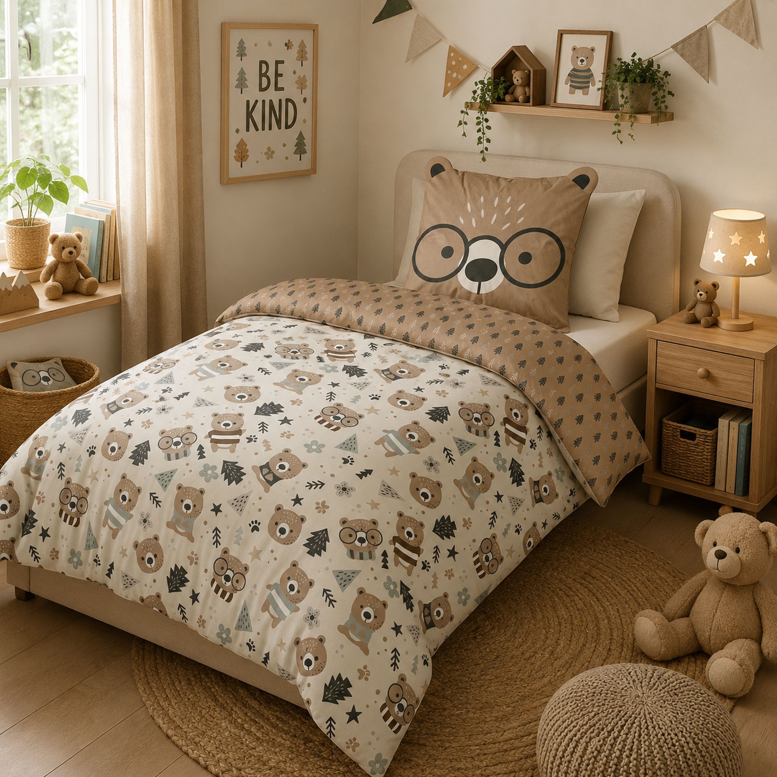 Familando Kinderbettwäsche Funny Bear 135x200 80x80 cm Bettwäsche Bär mit Ohren, Renforcé, 2 teilig, mit liebevollem Motiv & süßen Details für Mädchen und Jungen