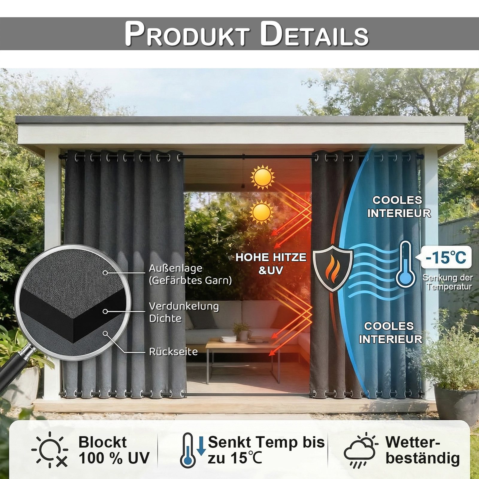Rosnek Outdoorvorhang 100% Blickdicht & Wasserdicht - Verdunklungsvorhang mit Ösen, Sonnenschutz Sichtschutz für Balkon Terrasse, Leinenoptik Taupe/Grau – Bild 5 von 5