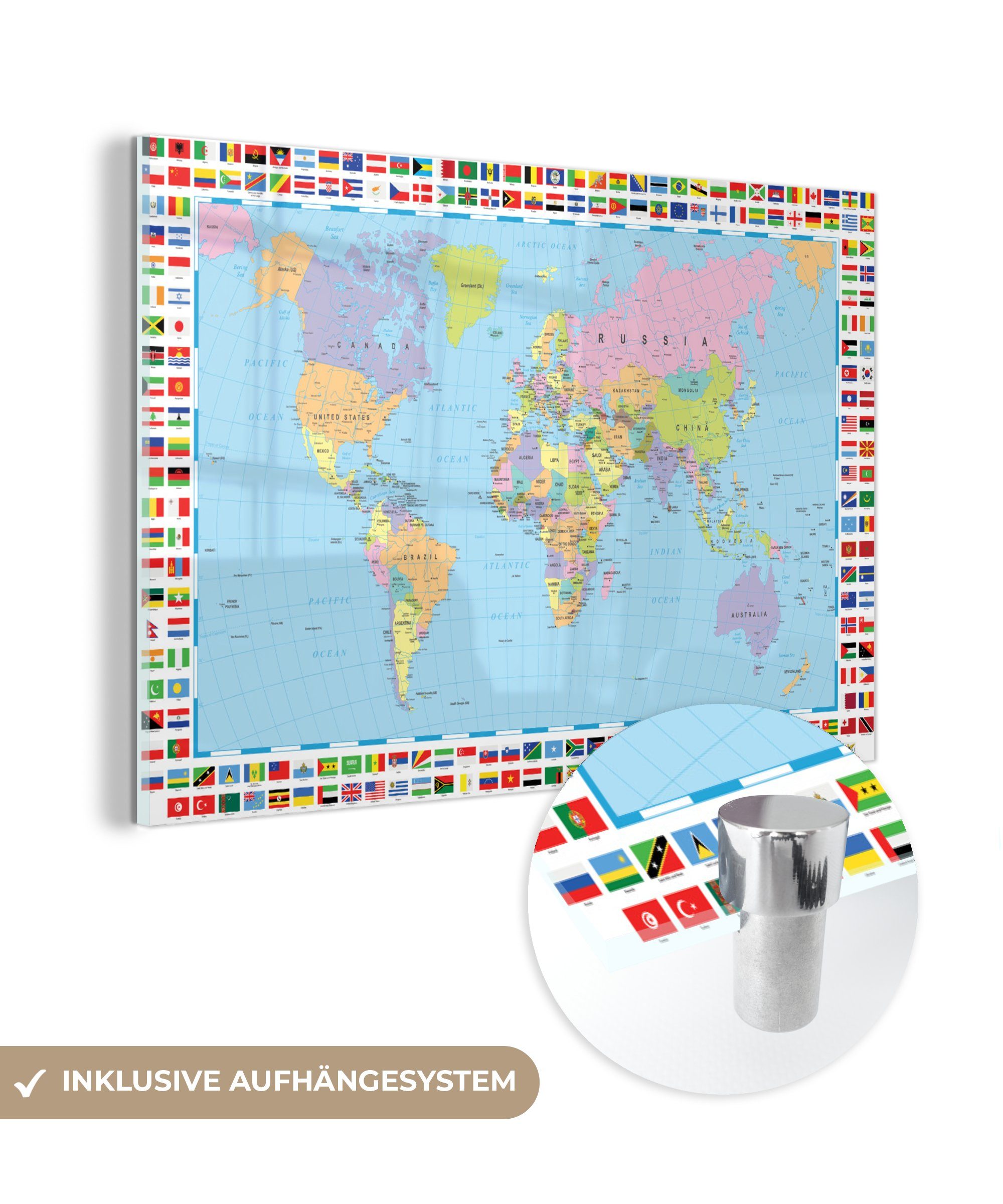 - - Flagge St), - (1 Glas Wanddekoration Welt Wandbild - - Farben, auf Acrylglasbild Karte Bilder auf Glasbilder MuchoWow Glas - Foto