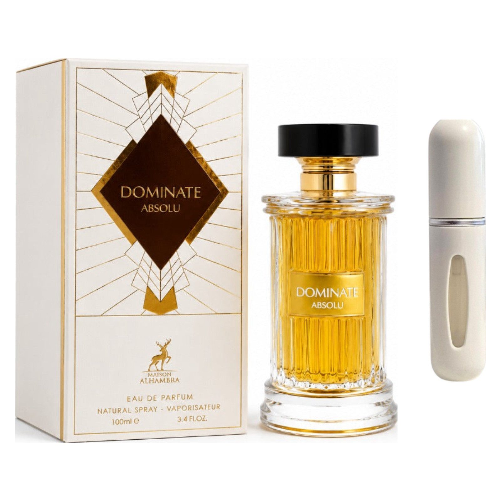 Maison Alhambra Duft-Set Dominate Absolu EDP – Aromatisch Holzig + Parfümzerstäuber (leer)