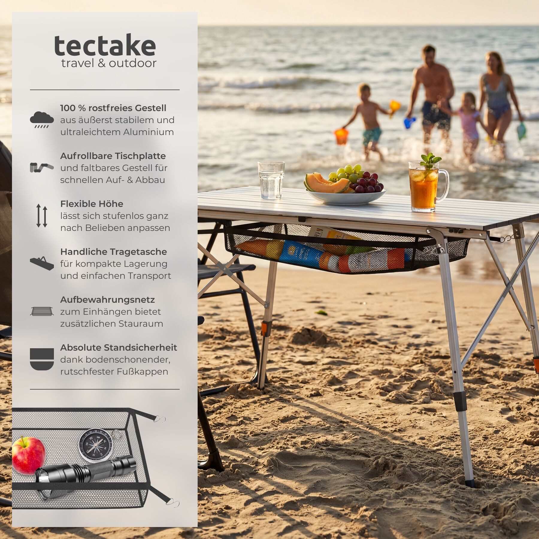 tectake Campingtisch Aluminium Klapptisch - faltbar, wetterfest, 120 x 70,5 x 58 – 79 cm (Outdoor Beistelltisch Bastian, 1-St., 1 tlg), Praktischer Campingtisch mit smarter Faltfunktion