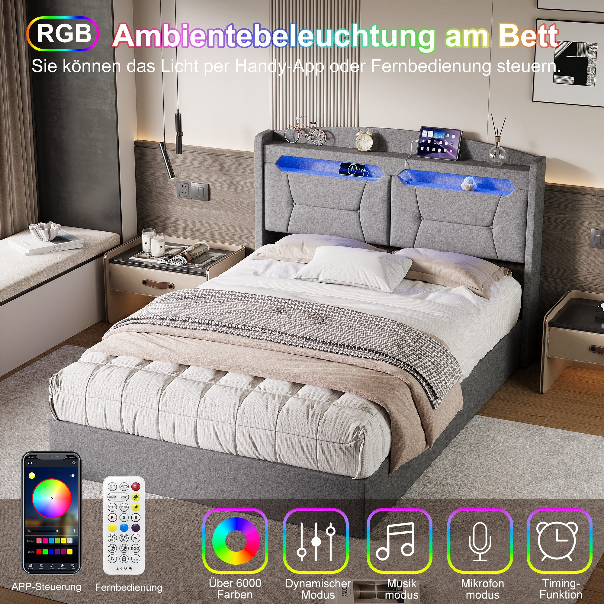 Gdood Polsterbett Doppelbett mit LED Licht 140x200cm,Hydraulisch anhebbarer Stauraumbett (1-tlg., Mit Lattenrost und Ladefunktion, Leinenmaterial Polsterbett),  – Bild 4 von 5