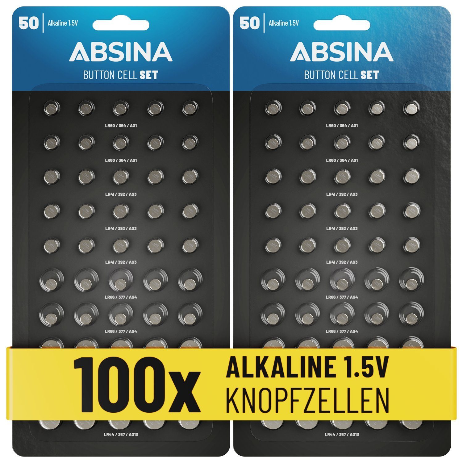ABSINA 100er Pack Alkaline Кнопкові клітини Батареї - AG1 AG3 AG4 AG10 AG13 Knopfzelle, (1 St)