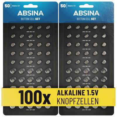 ABSINA 100er Pack Alkaline Knopfzellen Batterien - AG1 AG3 AG4 AG10 AG13 Knopfzelle, (1 St)