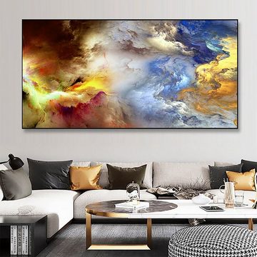 TPFLiving Kunstdruck (OHNE RAHMEN) Poster - Leinwand - Wandbild, Abstrakte bunte Wolken - (Leinwand Malerei), Farben: Gold, Blau, Gelb, Weiß, Rot, Orange - Größe: 20x40cm