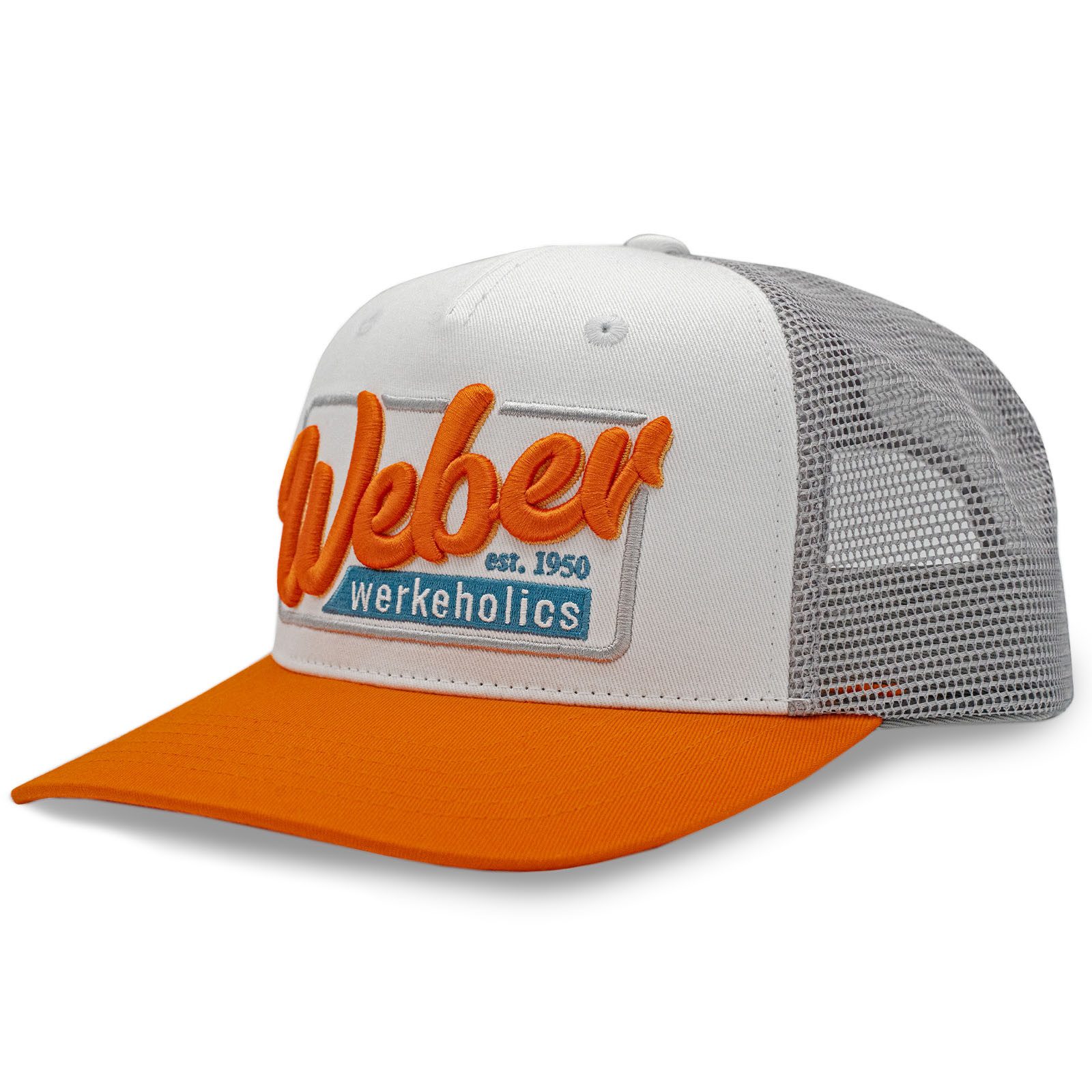 Weber GmbH Trucker Cap Weber #Werkeholics Mesh Baseball Cap orange/weiß/grau (1-St) basecap, mit Logostick und bedrucktem Unterschirm