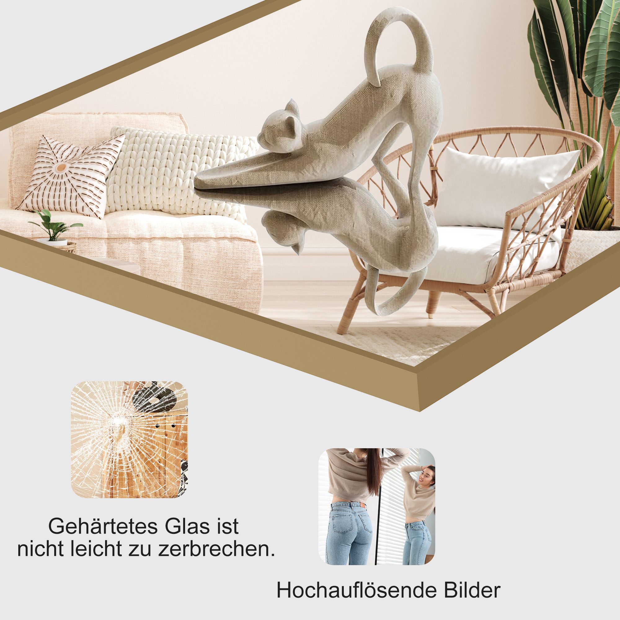 FUROKOY Ganzkörperspiegel Standspiegel Wandspiegel,stehend oder wandmontiert mit Metallrahmen, verstärktem Glas,Rechteck,Gold,164 x 54 cm
