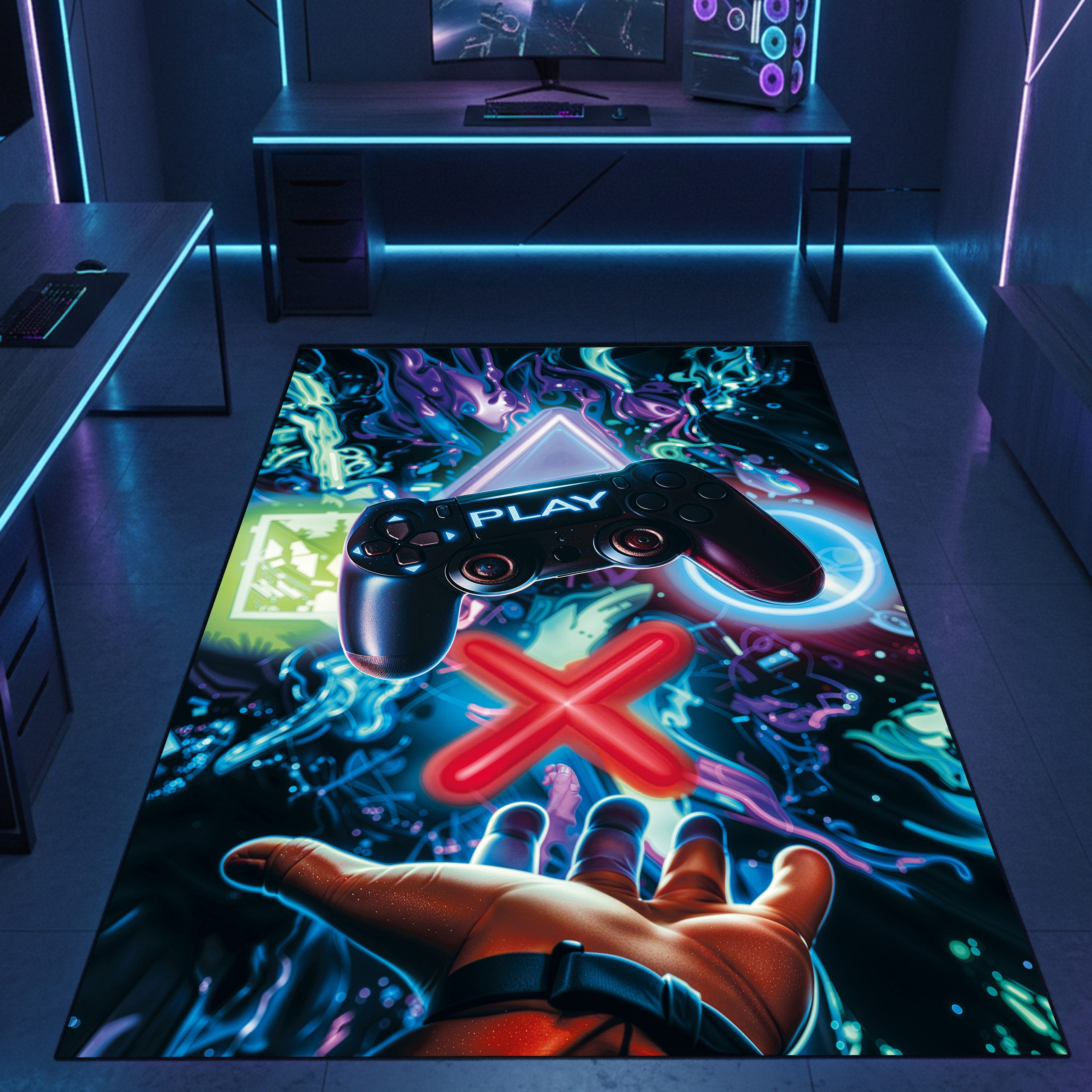 Carpetia Designteppich Gaming Teppich, rechteckig, Höhe: 5 mm, mit grafischen Gaming-Motiven in Neon-Optik