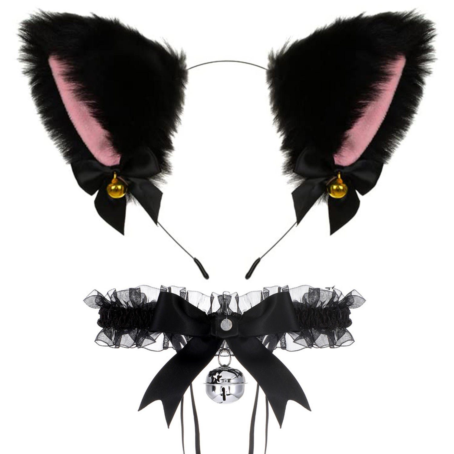 MAGICSHE Haarband Katzenohren Stirnband Mit einer Glocke, Tierisches Kunstfell,Haarzubehör Schwarz (Silberglocke)