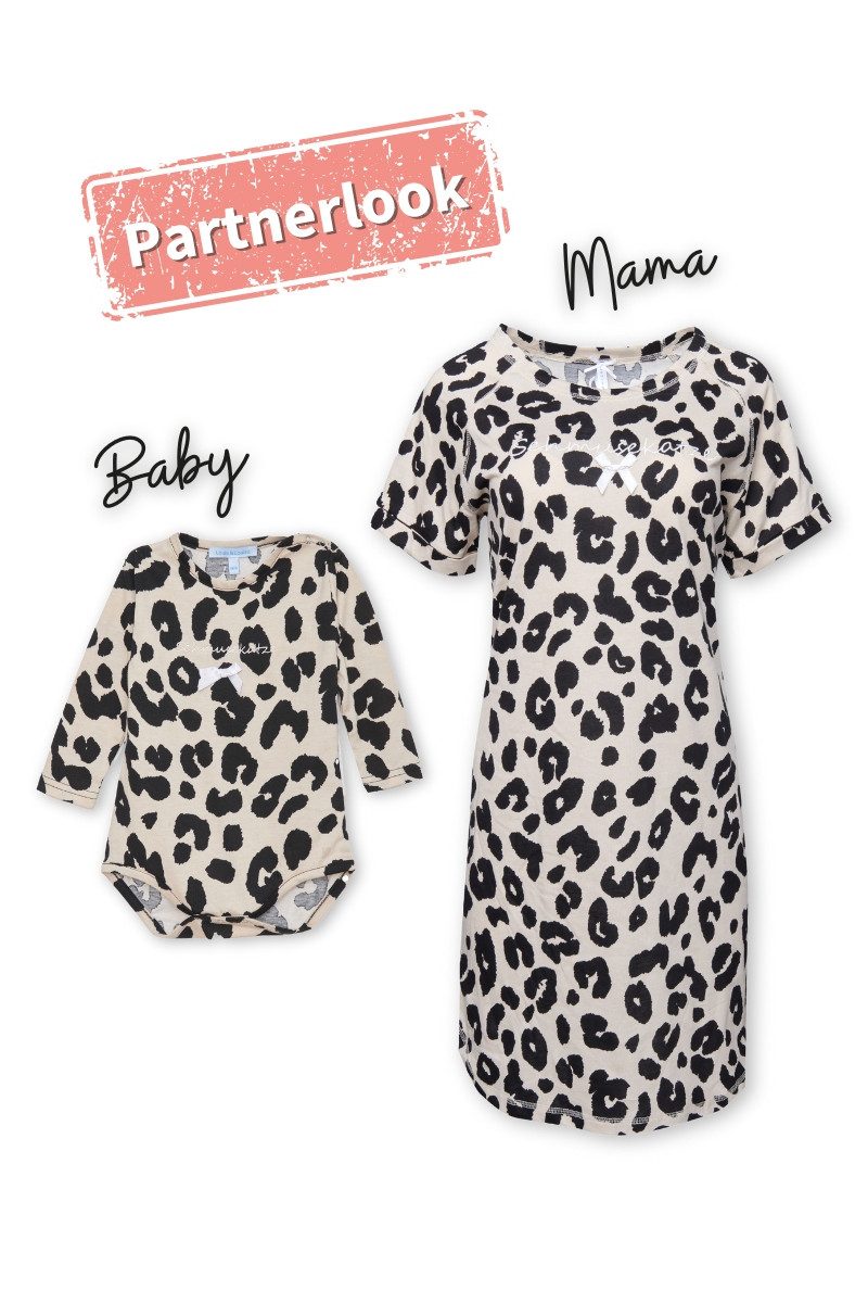 Louis & Louisa Schlafanzug Nachthemd Damen - SCHMUSEKATZE KA - beige/schwarz