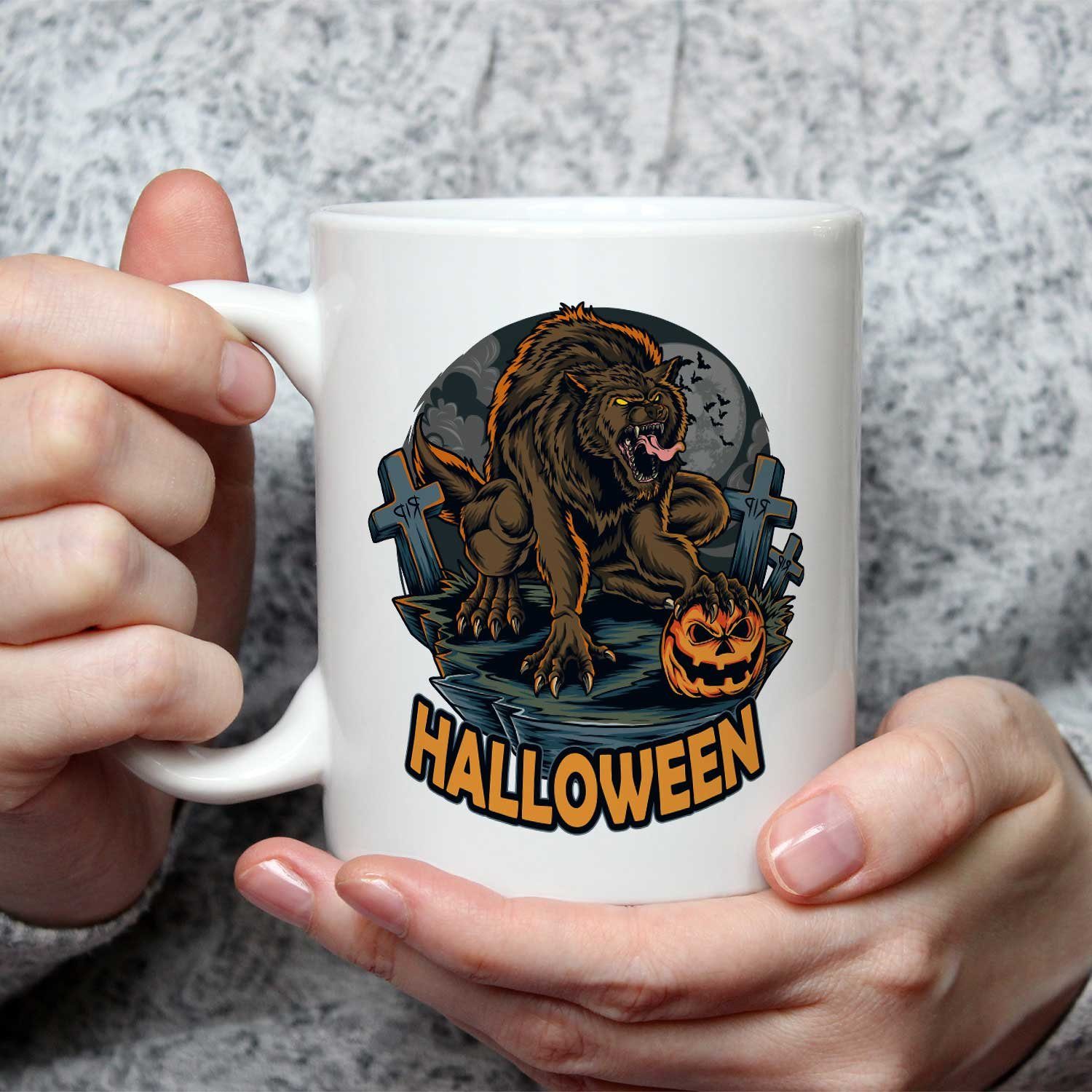 Motiv Halloween Schaurige - Werwolf Design Weiß GRAVURZEILE mit Geschenke zu Tasse -