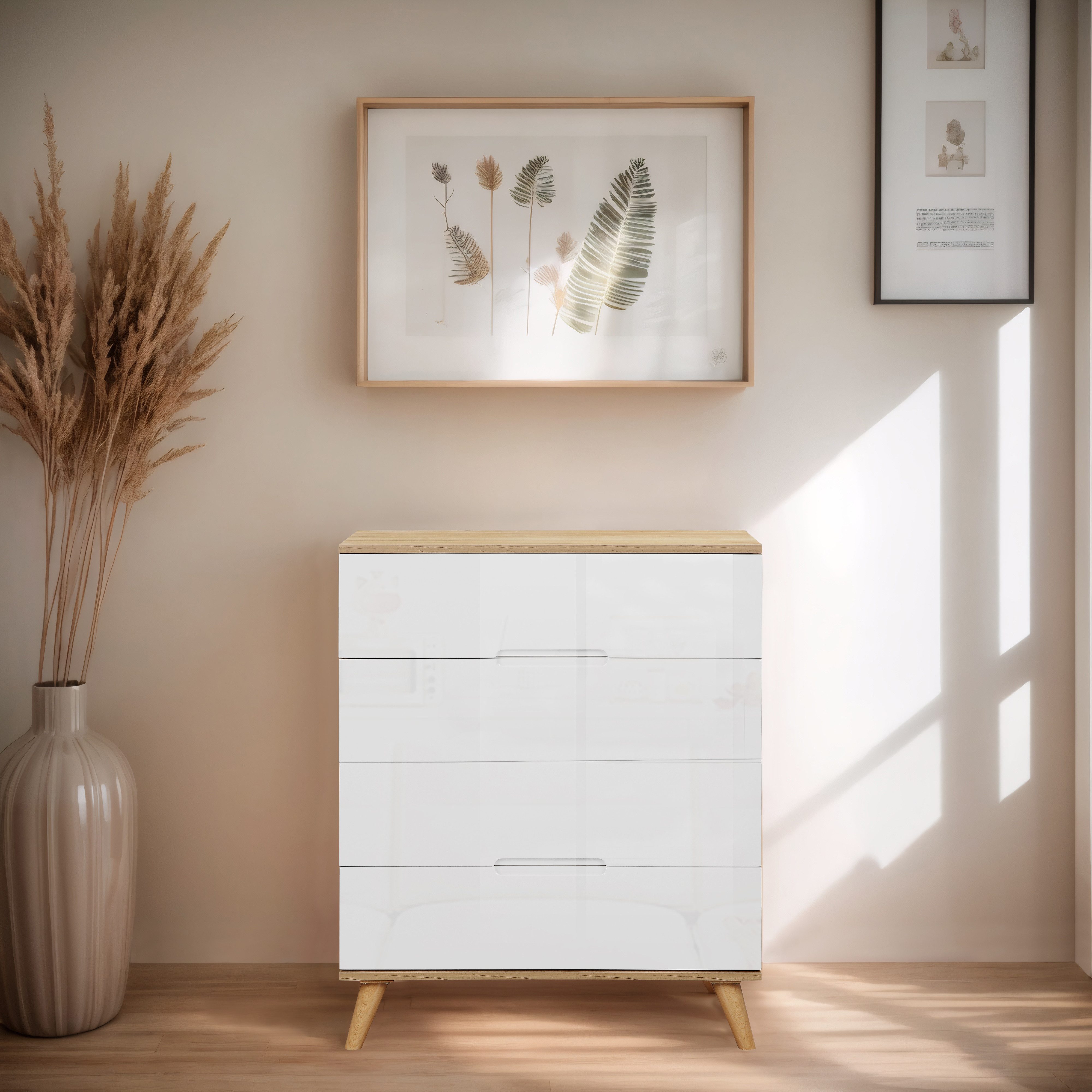 OTTO home Schubkastenkommode Lund Schlafzimmerschrank Wäscheschrank mit hochglänzenden Fronten (Kommode mit 4 Schubladen für viel Stauraum), Schlafzimmerkommode Bestseller im skandinavischem Design