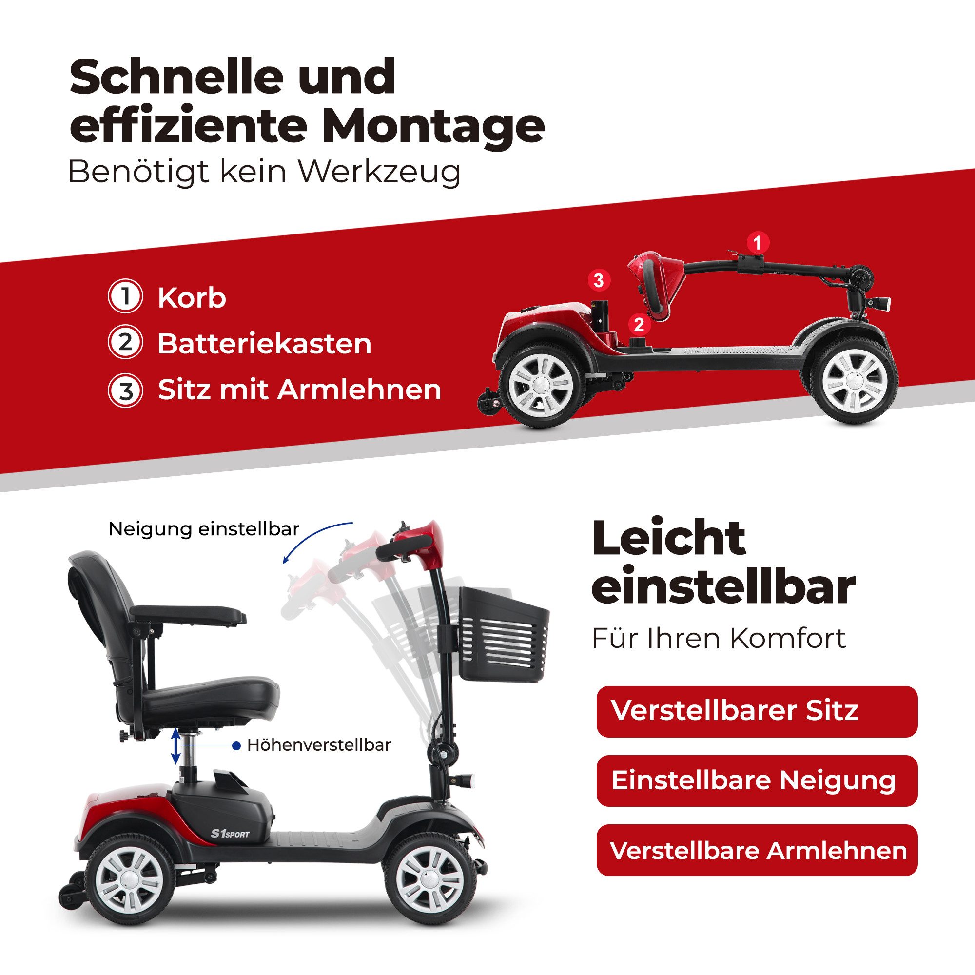 kowdom Elektromobil Elektromobil Senioren 6km/h faltbar 300W 360° Sitz führerscheinfrei, 300 W, (Einzelgerät, Einzelgerät), faltbar, 360° Sitz, Federung, Freilauffunktion, werkzeuglose Montage