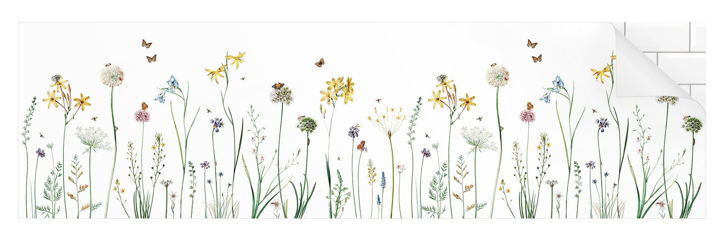 Bilderdepot24 Küchenrückwand weiß Blumen Natur Tanzende Schmetterlinge auf Wildblumen, (1-tlg., Nischenrückwand - für Fliesenspiegel ohne Bohren - matt), Spritzschutz Rückwand Küche Herd - Folie selbstklebend versch. Größen