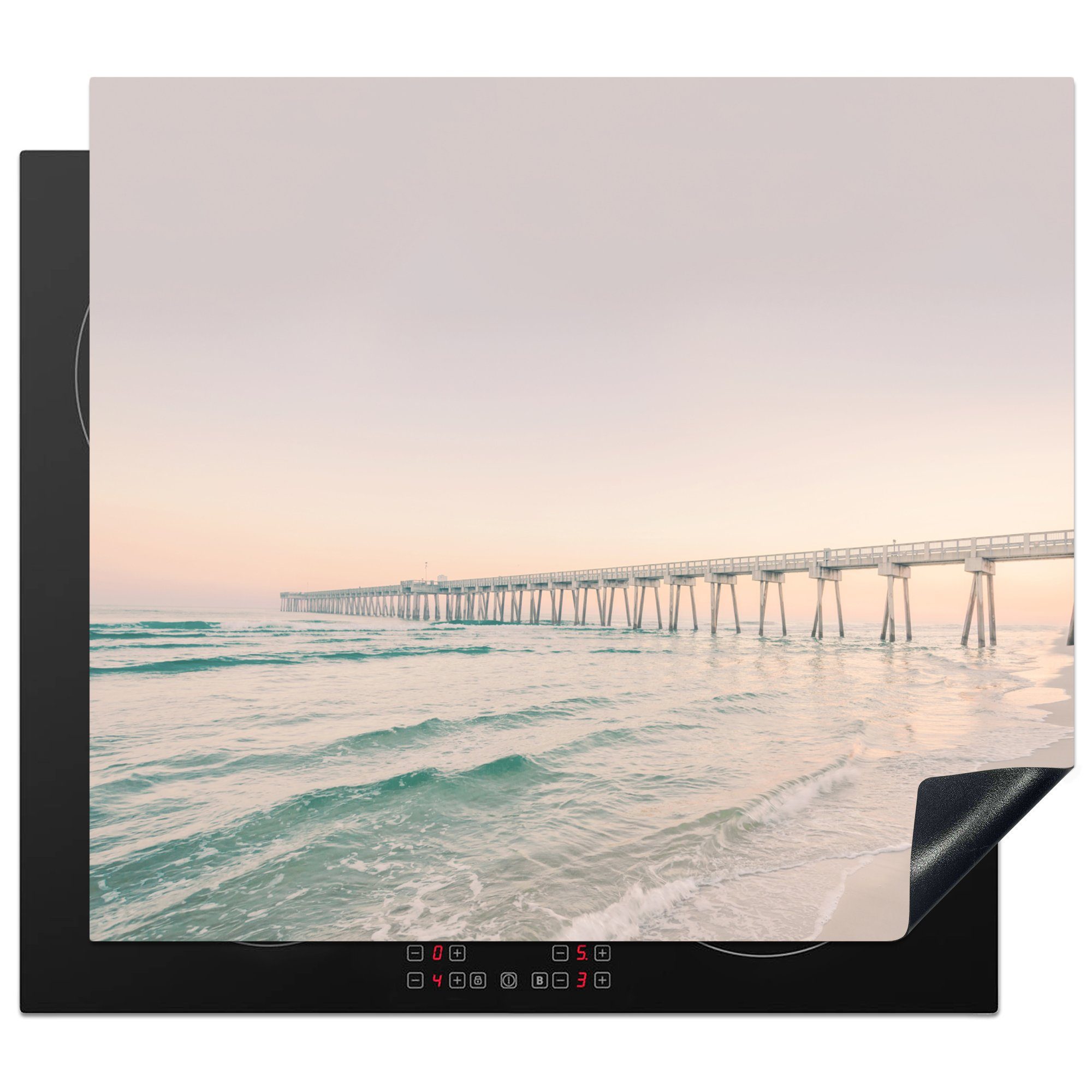 MuchoWow Herdblende-/Abdeckplatte Meer - Strand - Brücke - Natur - Sonnenuntergang, Vinyl, (1 tlg), 60x52 cm, Mobile Arbeitsfläche nutzbar, Ceranfeldabdeckung