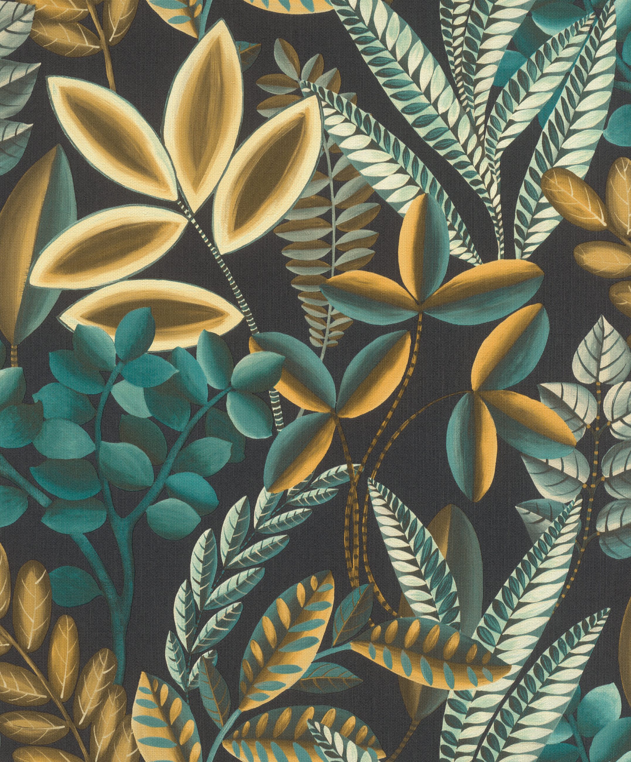 Rasch Vliestapete Blätter Blumen Zweige - Vinyltapete Schwarz Braun Grün, floral, (1 Rolle, 1 St., 10,05 m x 0,53 m), Lichtbeständige Farben - Feucht abwischbar - Restlost abziehbar