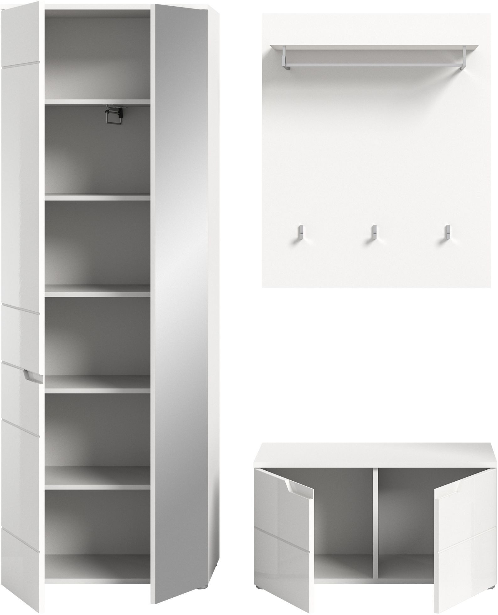 xonox.home Garderoben-Set, (3tlg. Set bestehend aus Garderobenschrank, Sitzbank, Paneel), Weiß Hochglanz Softclose Melamin Modern 163x193x37 cm
