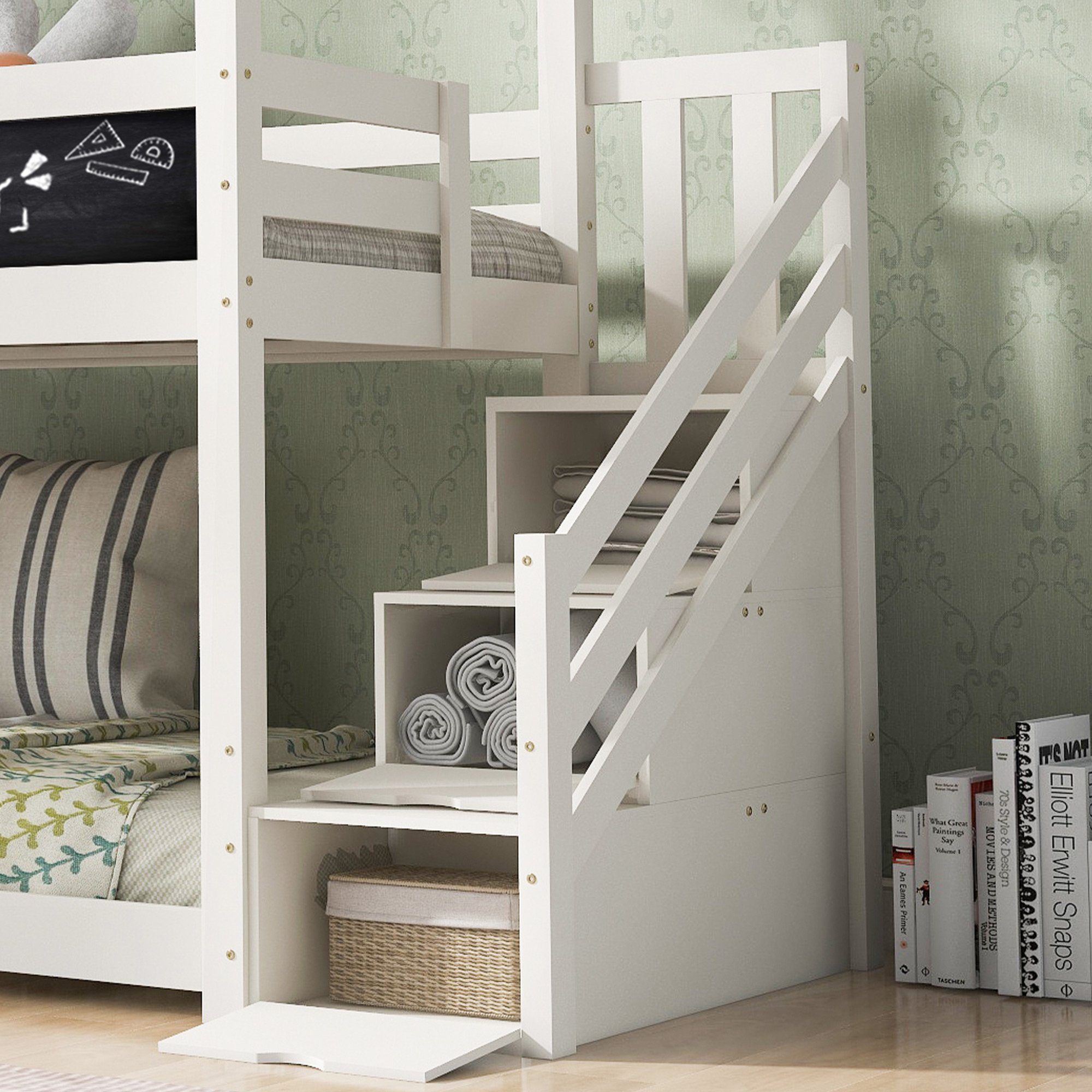 SOFTWEARY Etagenbett Kinderbett mit 2 Hochbett inkl. cm), Holzbett Treppe Hausbett aus (90x200 Kiefer, Rausfallschutz, Lattenrost Schlafgelegenheiten, und
