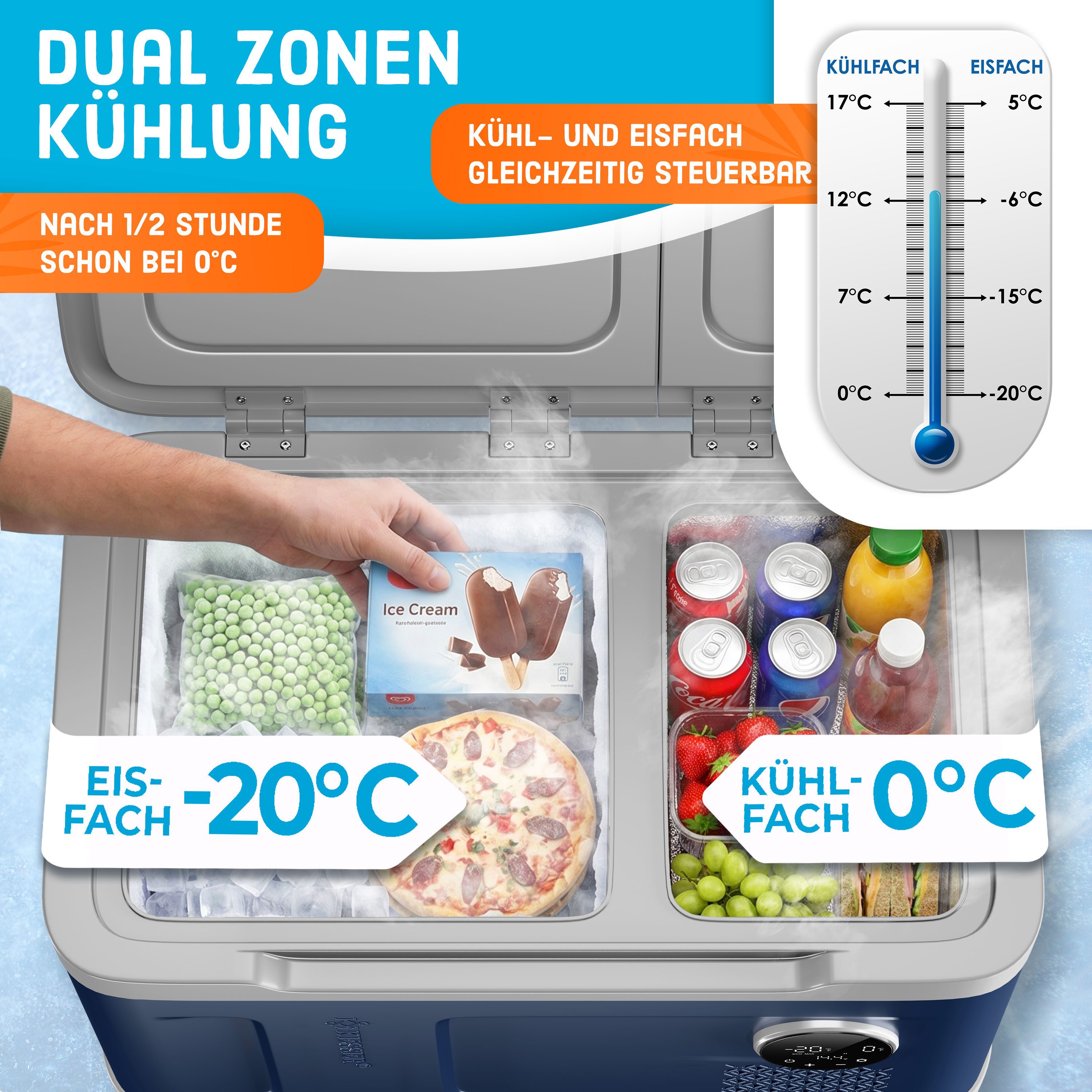KESSER Kühlbox Kompressor 2in1 Doppelzone Kühl & Gefrierfach elektrische Gefrierbox, 49 l, mit 2x Kühlakkus & LED-Touch-Bedienung Kühlschrank bis -20 °C – Bild 4 von 5
