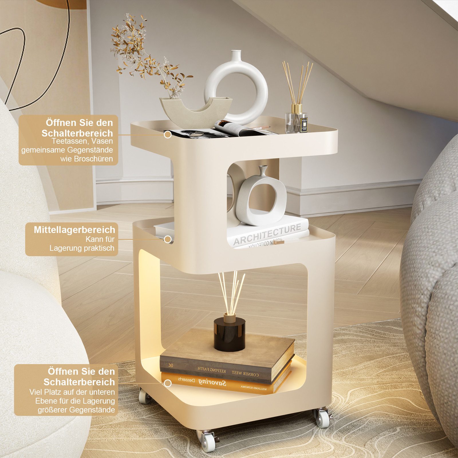 TWSOUL Beistelltisch Nachttisch Metallrahmen+Glasplatte, Sensor-LED&Rollen, Weiß, Couchtisch Ohne Montage, 35x59 cm Wohnzimmer, Schlafzimmer