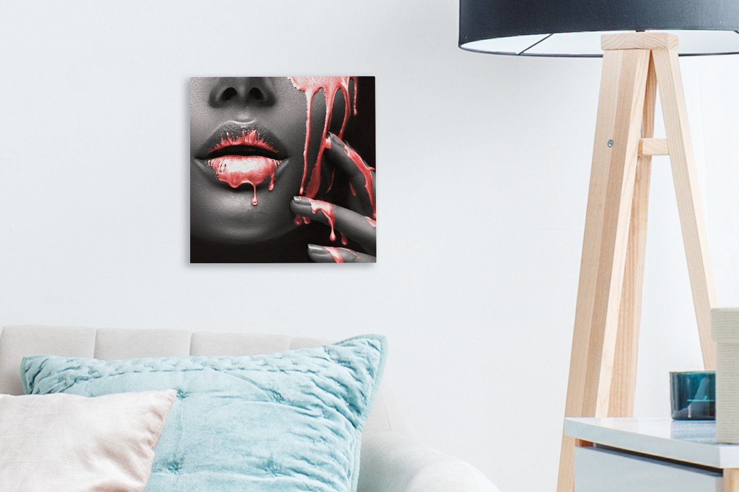 OneMillionCanvasses® Leinwandbild Lippen - Rot - Schwarz, Fotodruck (1 St), Wandbild, Deko Schlafzimmer Wohnzimmer Flur 20x20 cm