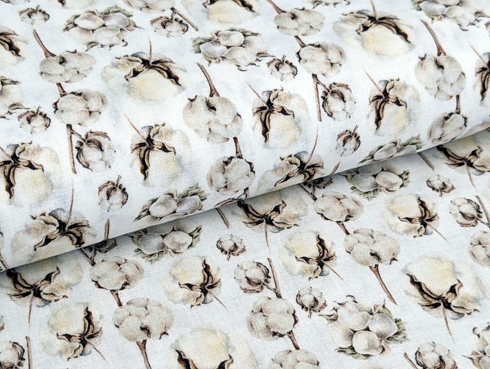 Corileo Stoff Musselin Digitaldruck Baumwollblüten auf Cremeweiss Meterware Stoff
