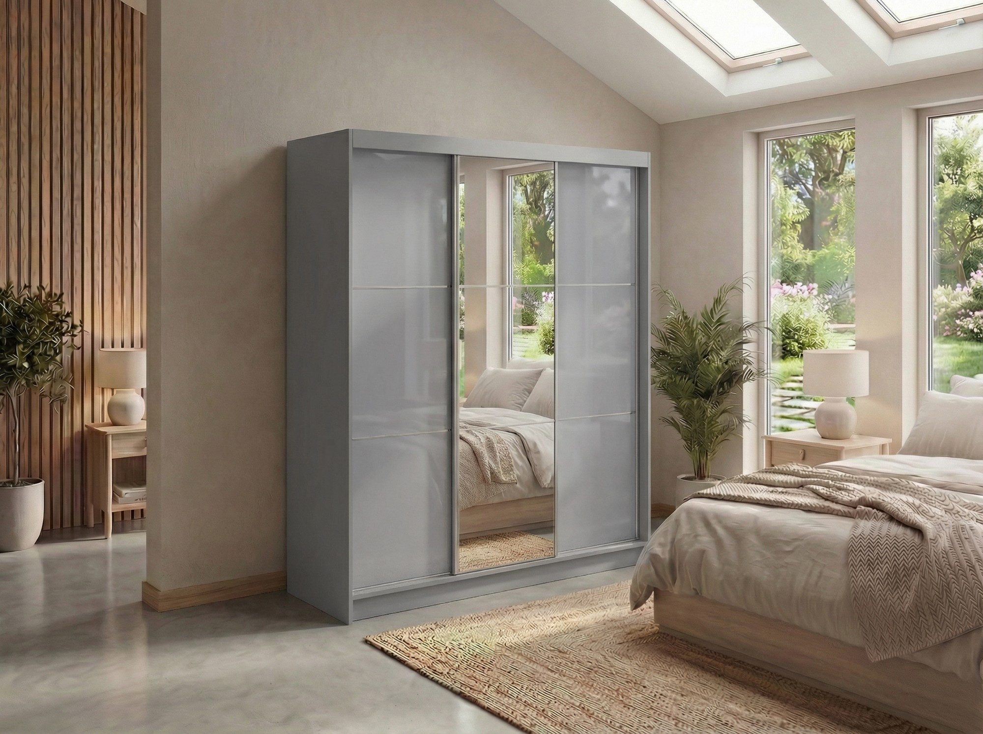 MKS MÖBEL Schiebetürenschrank WALENCJA 180 (Kleiderschrank mit Spiegel und Lacobel, Schubladen, Schwebetürenschrank) Kleiderschrank mit Stauraum, 216 cm hoch, 61 cm tief