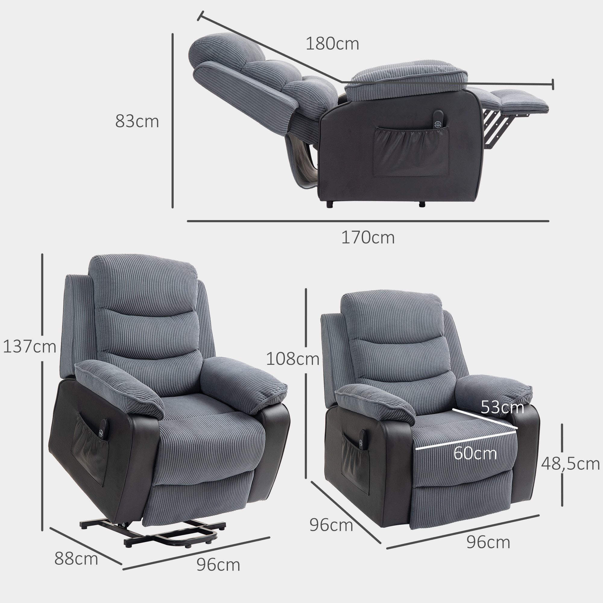HOMCOM Relaxsessel Fernsehsessel mit Aufstehhilfe elektrisch mit Liegefunktion USB (Kord, 1-St., TV-Sessel), mit Fußstütze, Seitentasche und Fernbedienung, Dunkelgrau