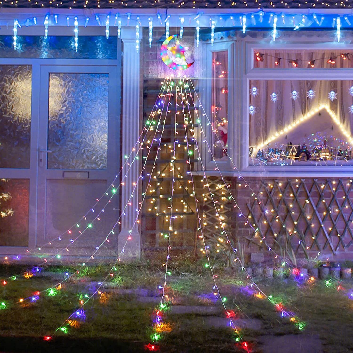Sunicol LED-Baummantel 3.4M 350 LED Wasserfall Weihnachtsbaum Beleuchtung,Außen Party Garten, 8 Modi, 31V Energiesparen, wasserdicht Multicolor- mit Stern und Mond