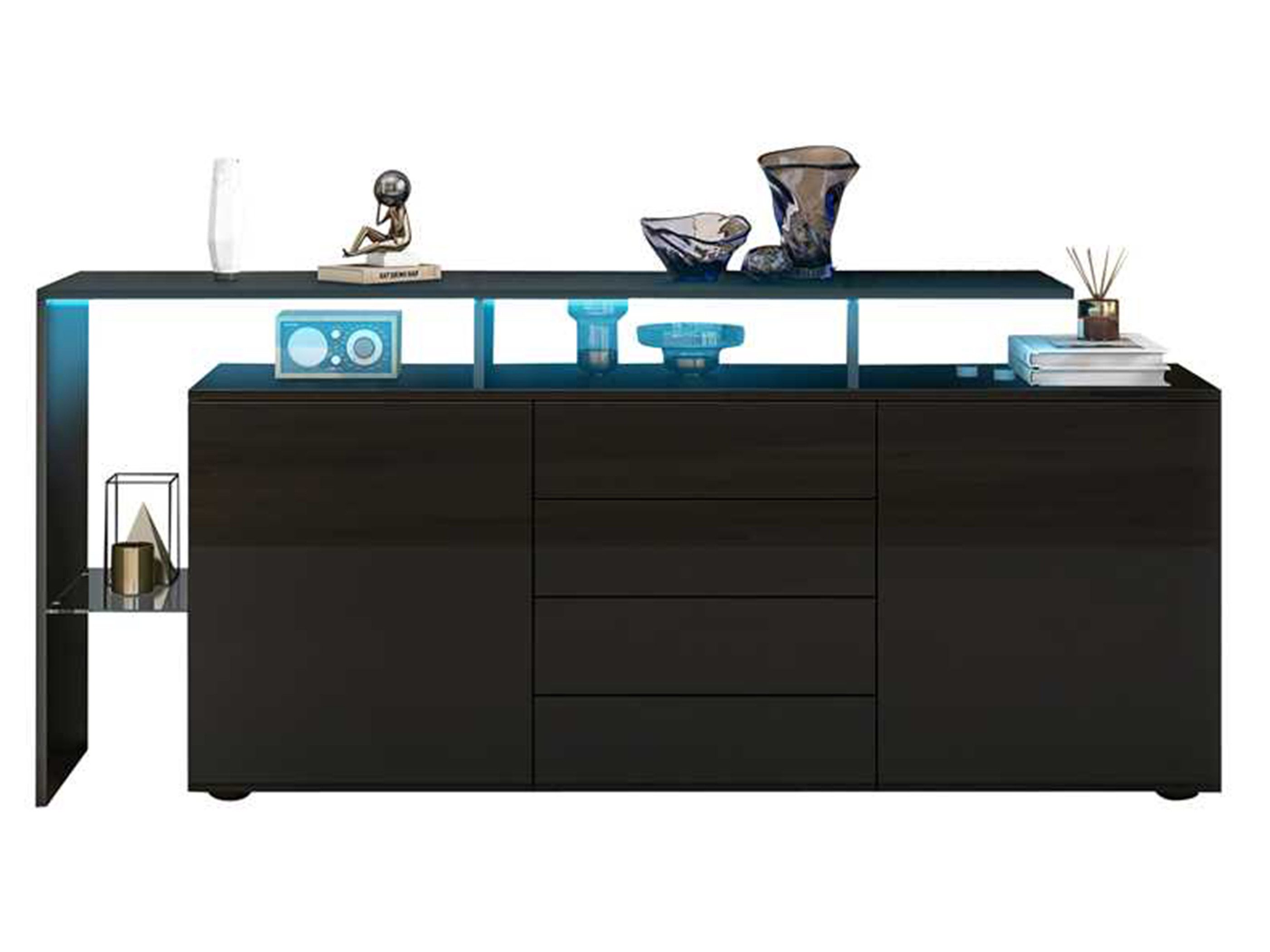 SeedWave Sideboard Moderne Kommode mit Hochglanz-Front, LED-Beleuchtung & Stauraum, 2× verstellbare Einlegeböden, Rückprallstellsetzung