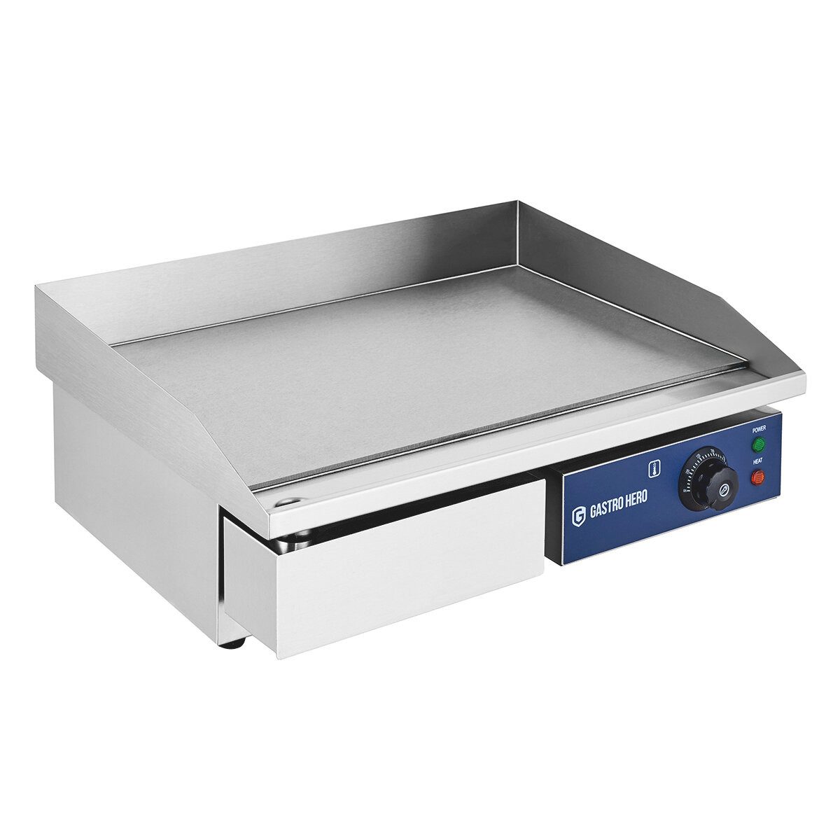 GastroHero Elektrogrill Elektro Grillplatte glatt 550 mm 3 kW Tischgerät Edelstahl, 3000 W, Fettfangrinne, Spritzschutz, frontseitige Bedienelemente