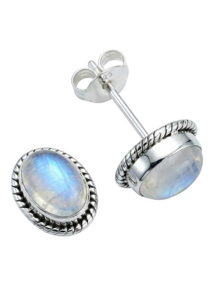 mantraroma Paar Ohrstecker NOHA aus 925 Silber mit Regenbogen Mondstein (Paar, Paar Ohrringe mit Schmuckbeutel), 925 Sterling Silber Ohrringe für Damen