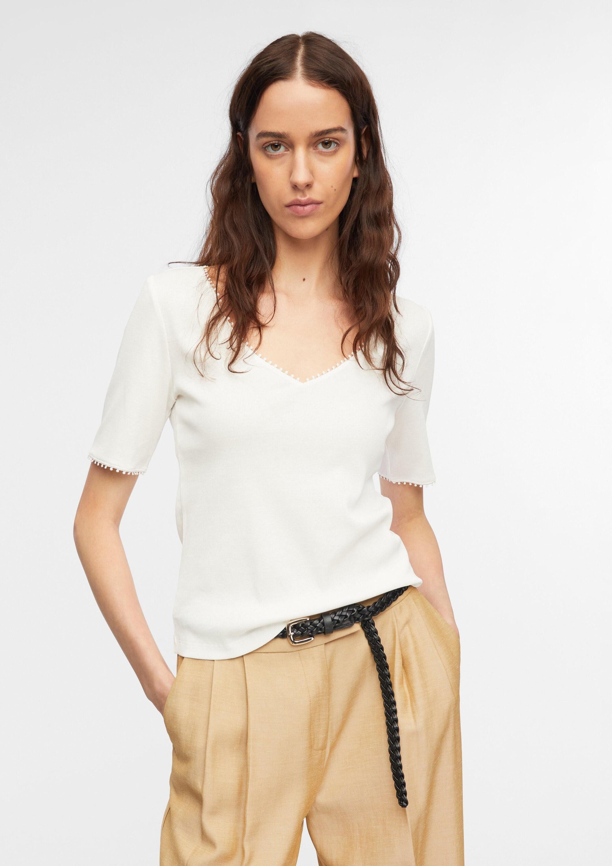 comma Kurzarmshirt T-Shirt Geripptes Halbarmshirt mit Zierborte