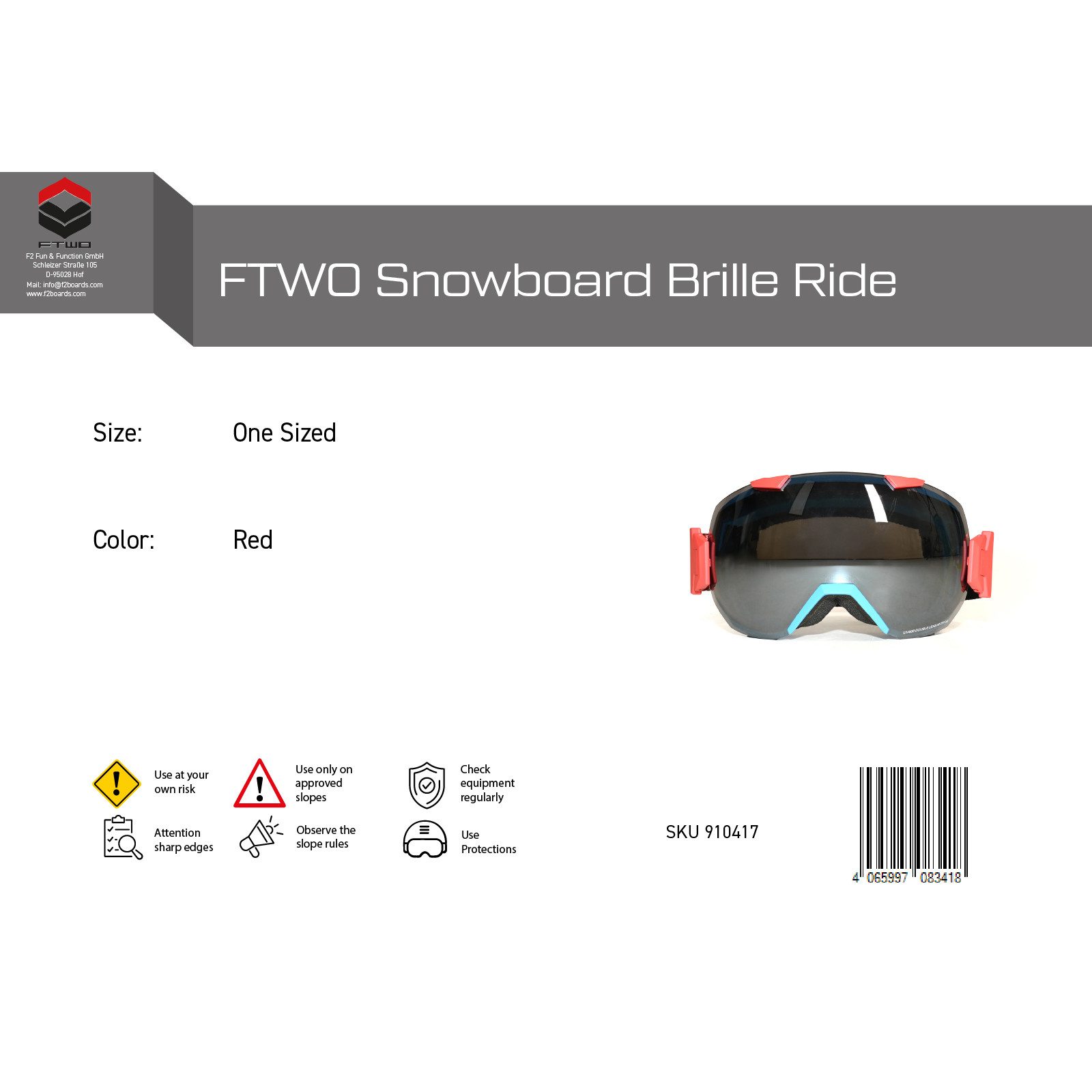 F2 Snowboardbrille FTWO Snowboard Brille Ride Sondermodell One Size Rot