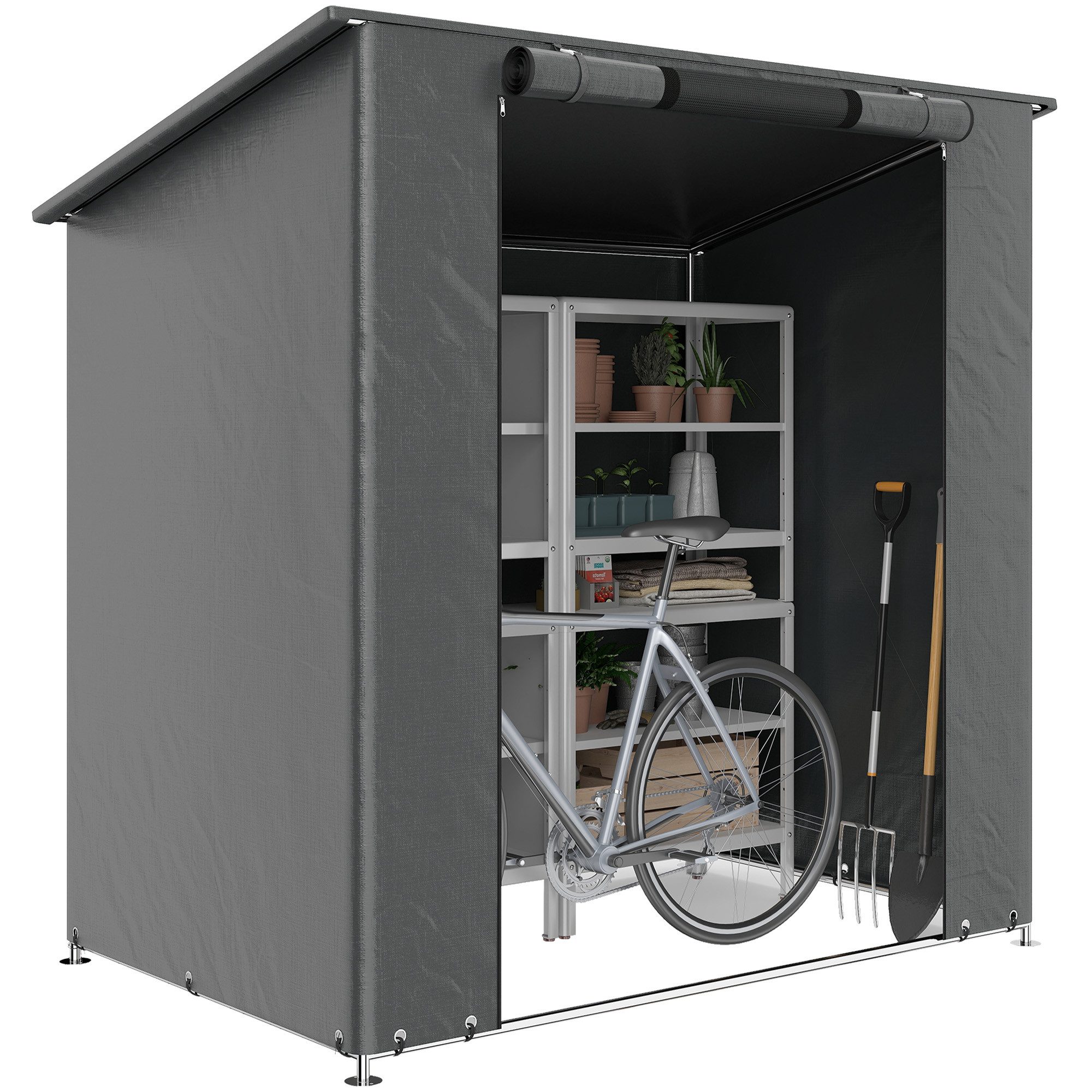 Outsunny Gerätezelt mit Pultdach, aufrollbarer Reißverschlusstür, Fenster, Personen: 1 (Zeltgarage, 1 tlg., Garagenzelt), für Gartenwerkzeuge Dunkelgrau