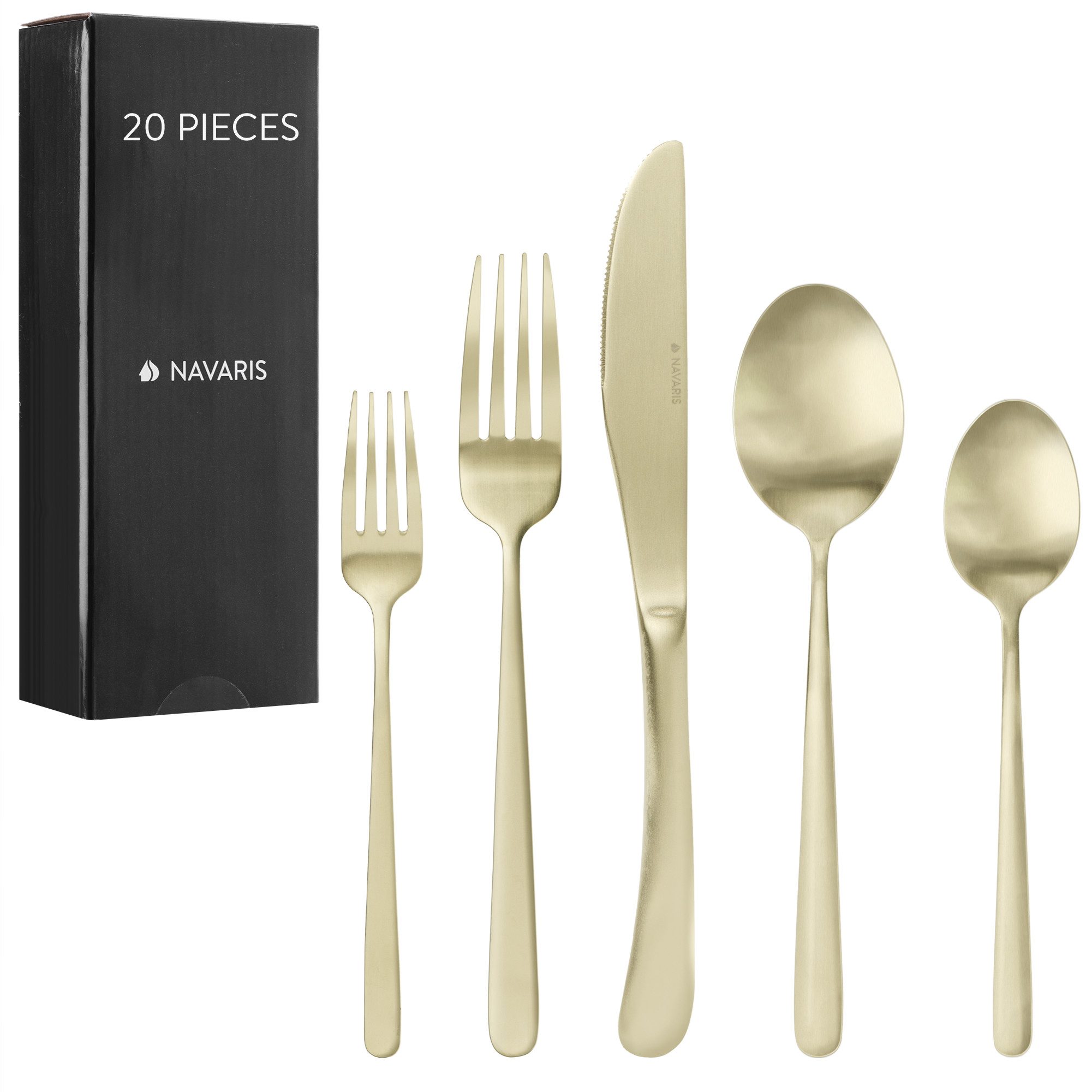 Navaris Besteck-Set Besteck Edelstahl 18/0 - Löffel Messer und Gabel Set - Cutlery Set (20-tlg), Edelstahl, Edelstahl Besteck Set 4 Personen - 20-teiliges Besteckset Gold matt