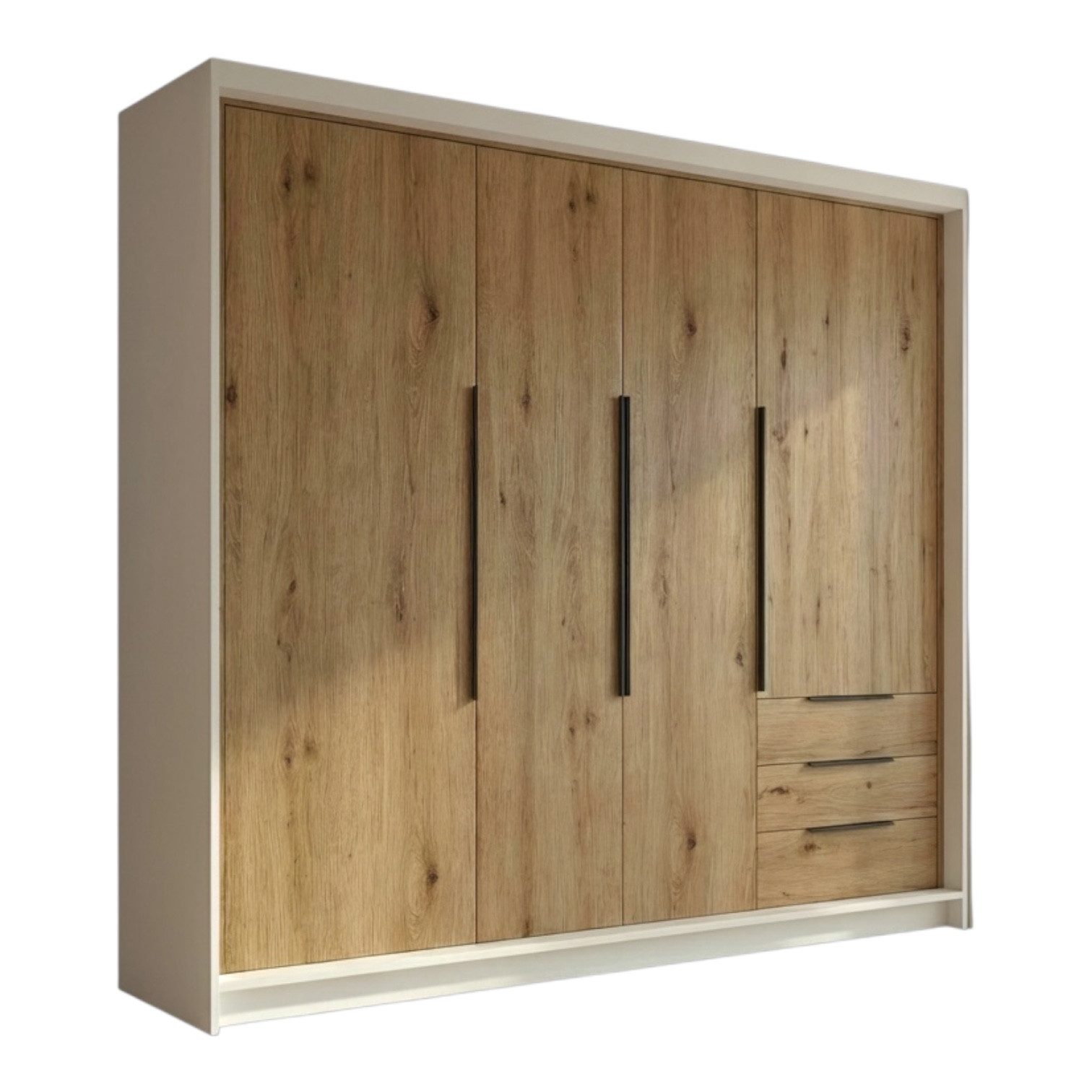 A&J MöbelLand GmbH Drehtürenschrank viertüriger Kleiderschrank mit Schubladen und Metallgriffen. (Geräumiger vier¬türiger Kleiderschrank mit Schubladen und Metallgriffen. Geräumiger Schrank mit einer Breite von 200 cm und Schubladen, ideal zur Aufbewahrun