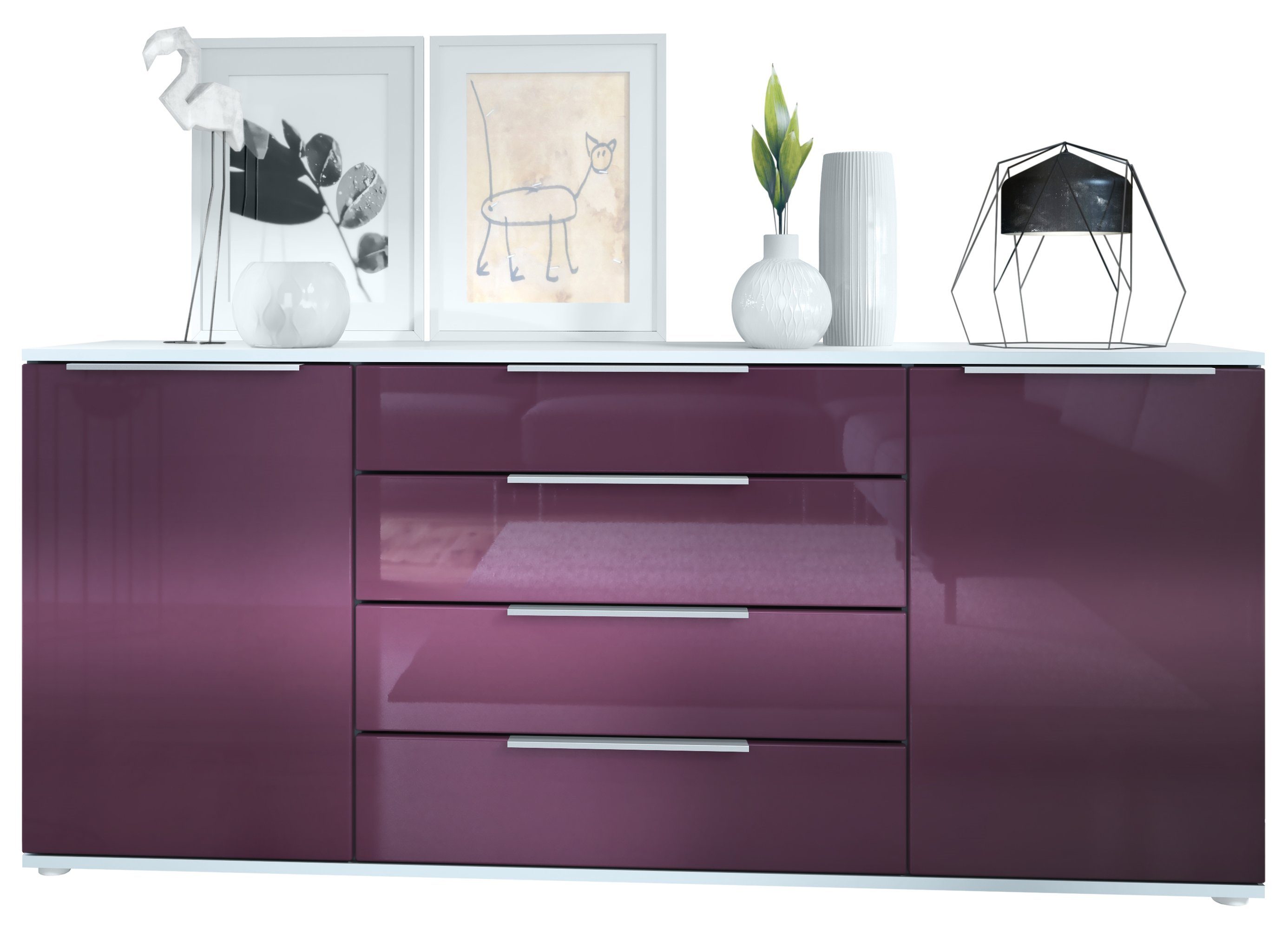 Vladon Sideboard Linio (Anrichte, mit 2 Türen und 4 Schubladen), Weiß matt/Brombeer Hochglanz (166,5 x 72,5 x 35 cm)