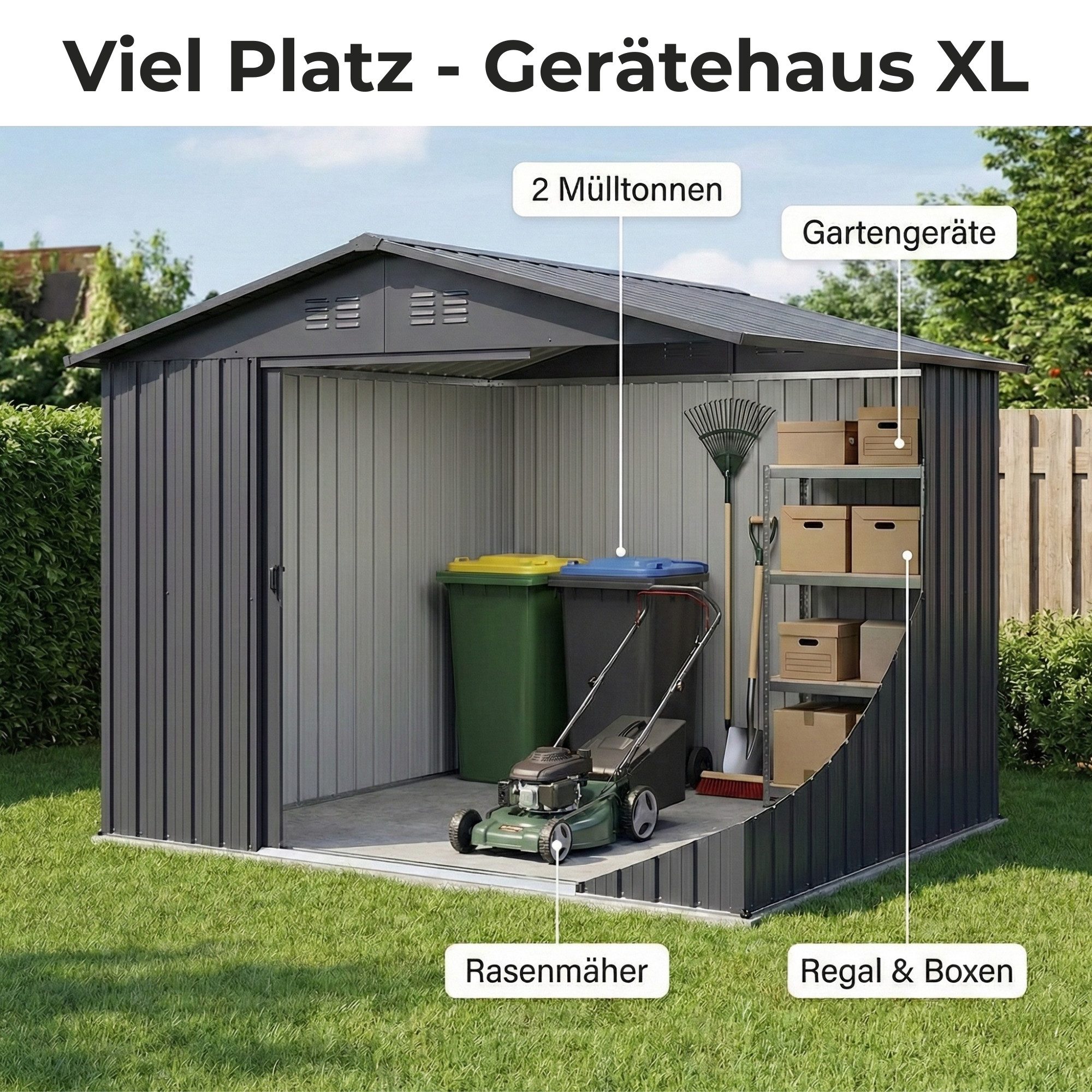 Albatros International Gerätehaus Profi Gerätehaus wetterfest Geräteschuppen Gartenschrank Gartenhaus, BxT: 241x171 cm, (XL, 259x189x192cm), verzinktes Metall Anthrazit (RAL 7016) Inkl. Schloss & Werkzeughaken