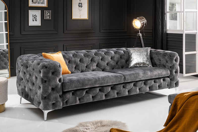 riess-ambiente Sofa MODERN BAROCK 235cm dunkelgrau / silber, Einzelartikel 1 Teile, Wohnzimmer · Samt · 3-Sitzer · Federkern · Chesterfield