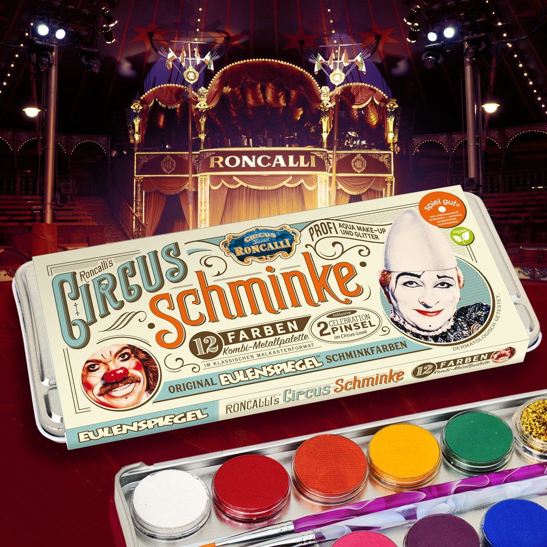Eulenspiegel Theater Schminkpalette Metall-Palette Circus Roncalli u.a mit 10 Farben und 2xGlitzer (1-tlg), Made in Germany, dermatologisch getestet