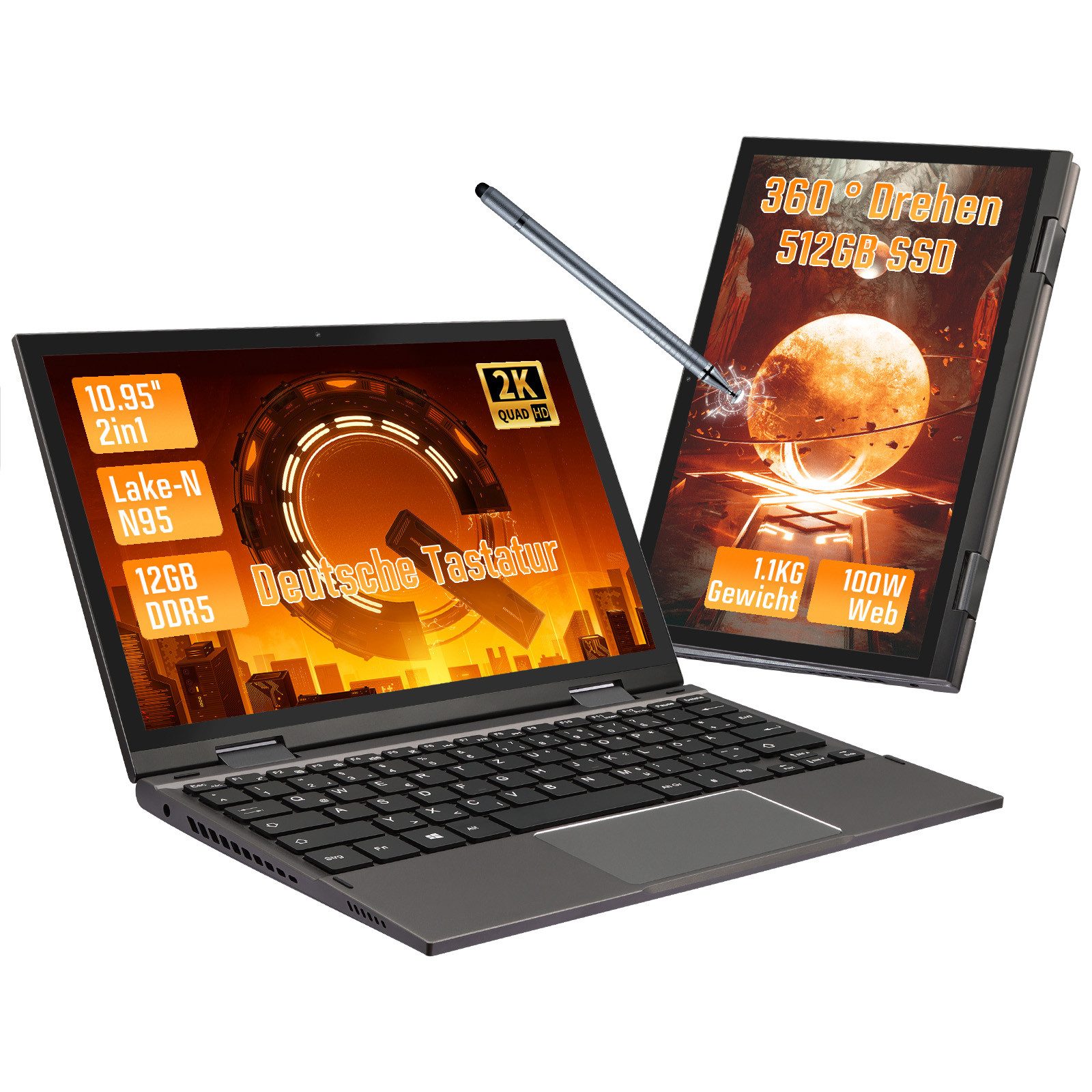 LONGEVINCE 10,95'' 2-in-1 N95 Laptop, 12GB DDR5, Touchscreen Notebook (27,81 cm/10.95 Zoll, Intel, 12 GB, 512 GB SSD, 360° Drehbar, Touchscreen & Stift, Windows 11 Pro, 4500mAh Akku)