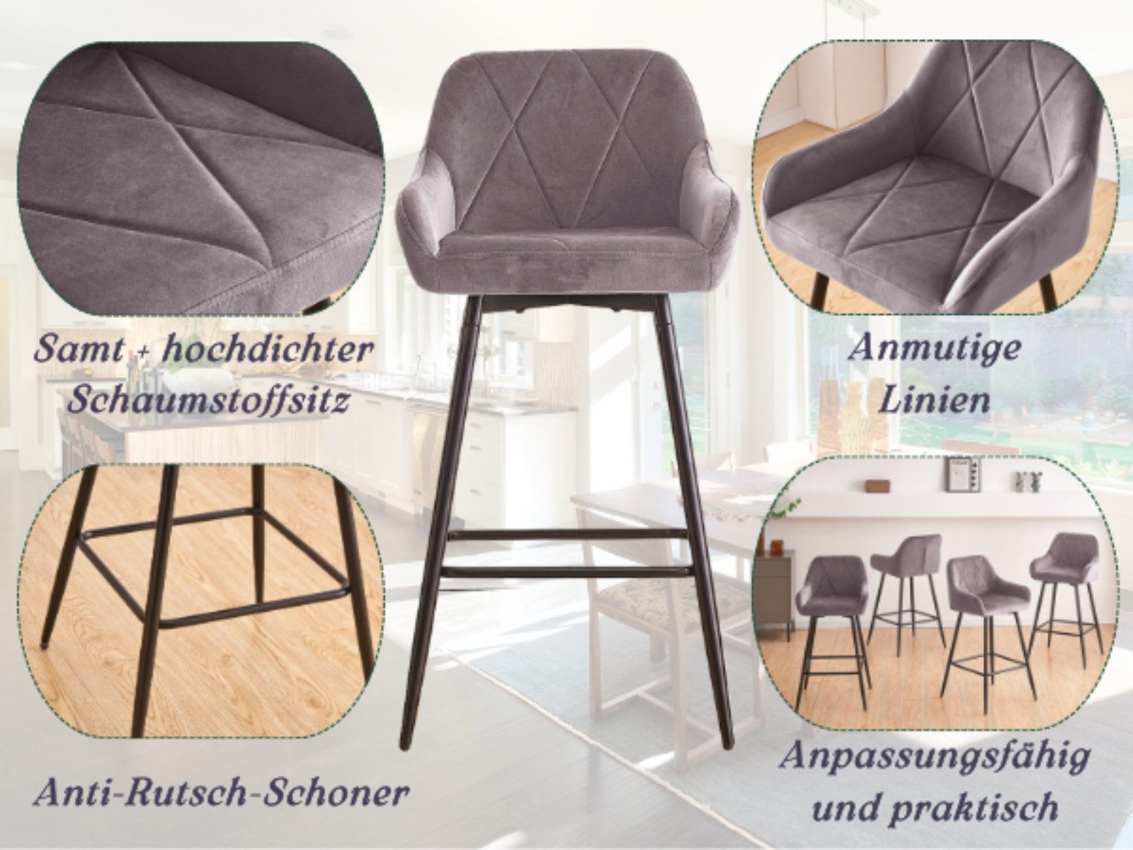 JYMTOM Barhocker Barstuhl mit Armlehne Gepolsterter Tresenhocker Bistrohocker (2 St), Outdoor Diamant Design Hocker, Grau