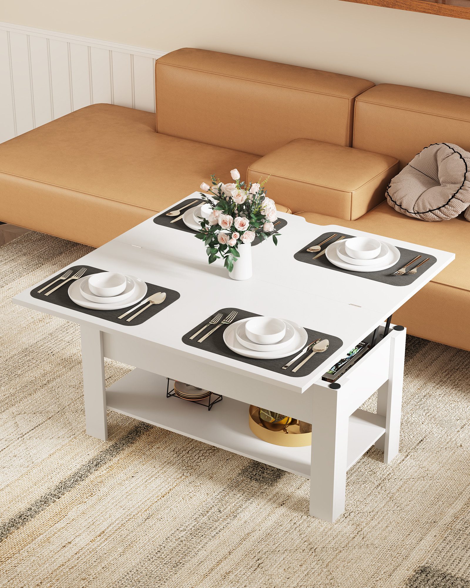 MSMASK Couchtisch Höhenverstellbarer Kaffeetisch mit Verstecktem Stauraum, und Ablage für Wohnzimmer, Weiß – Bild 3 von 5