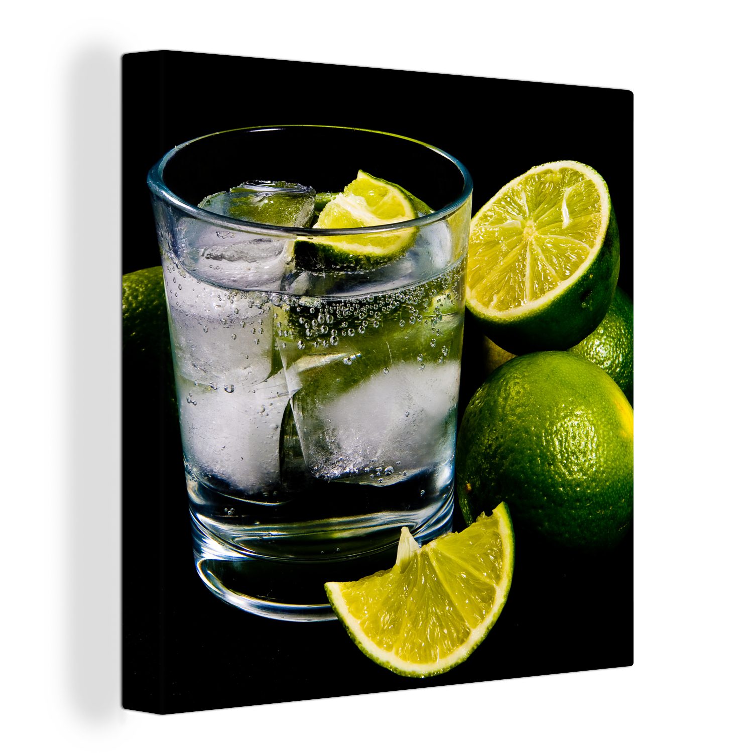 OneMillionCanvasses® Leinwandbild Glas Gin Tonic auf Eis, umgeben von Limetten, (1 St), Leinwand Bilder für Wohnzimmer Schlafzimmer