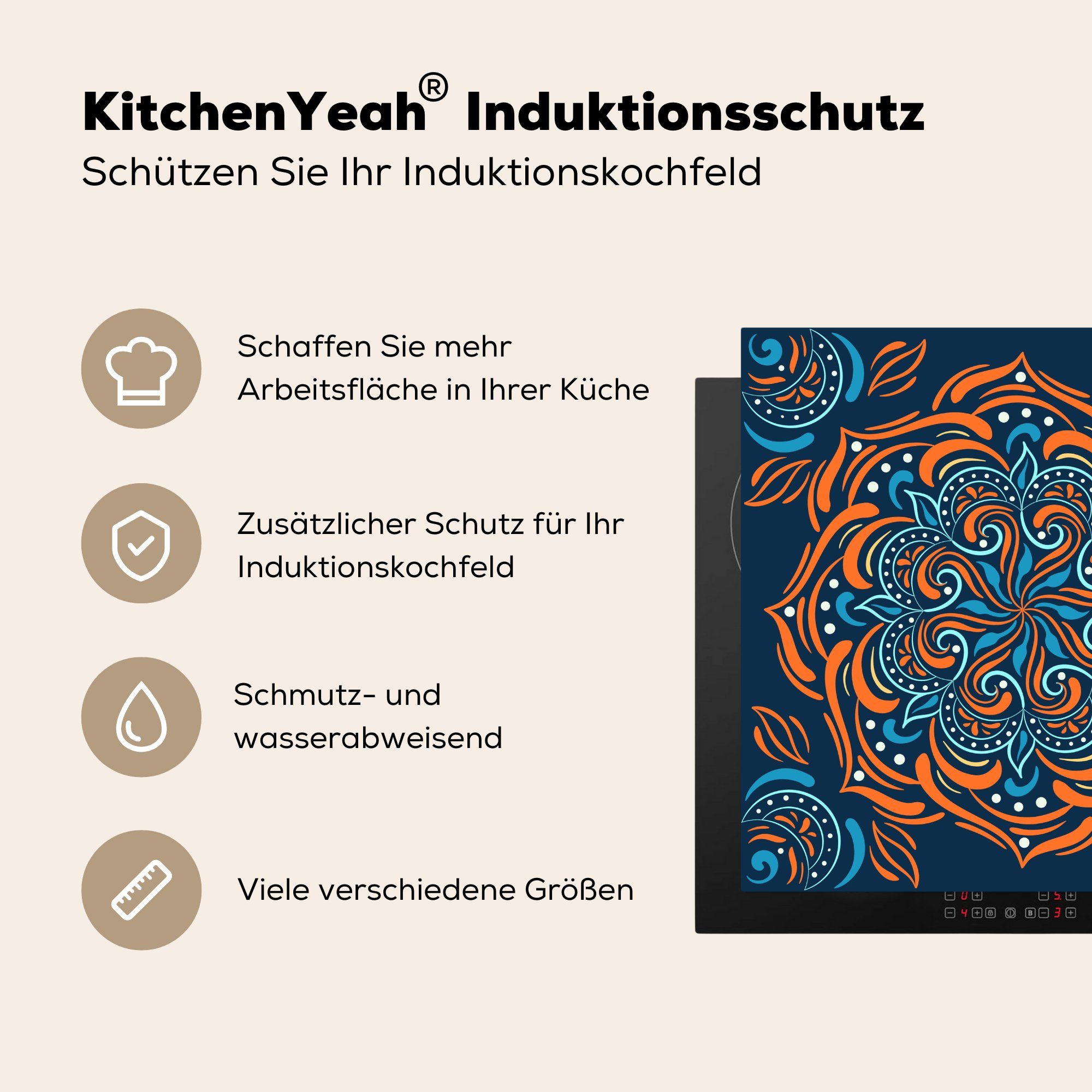 MuchoWow Herdblende-/Abdeckplatte Mandala - Orange küche Muster, Vinyl, cm, Arbeitsplatte Ceranfeldabdeckung, tlg), (1 78x78 für - Blau 