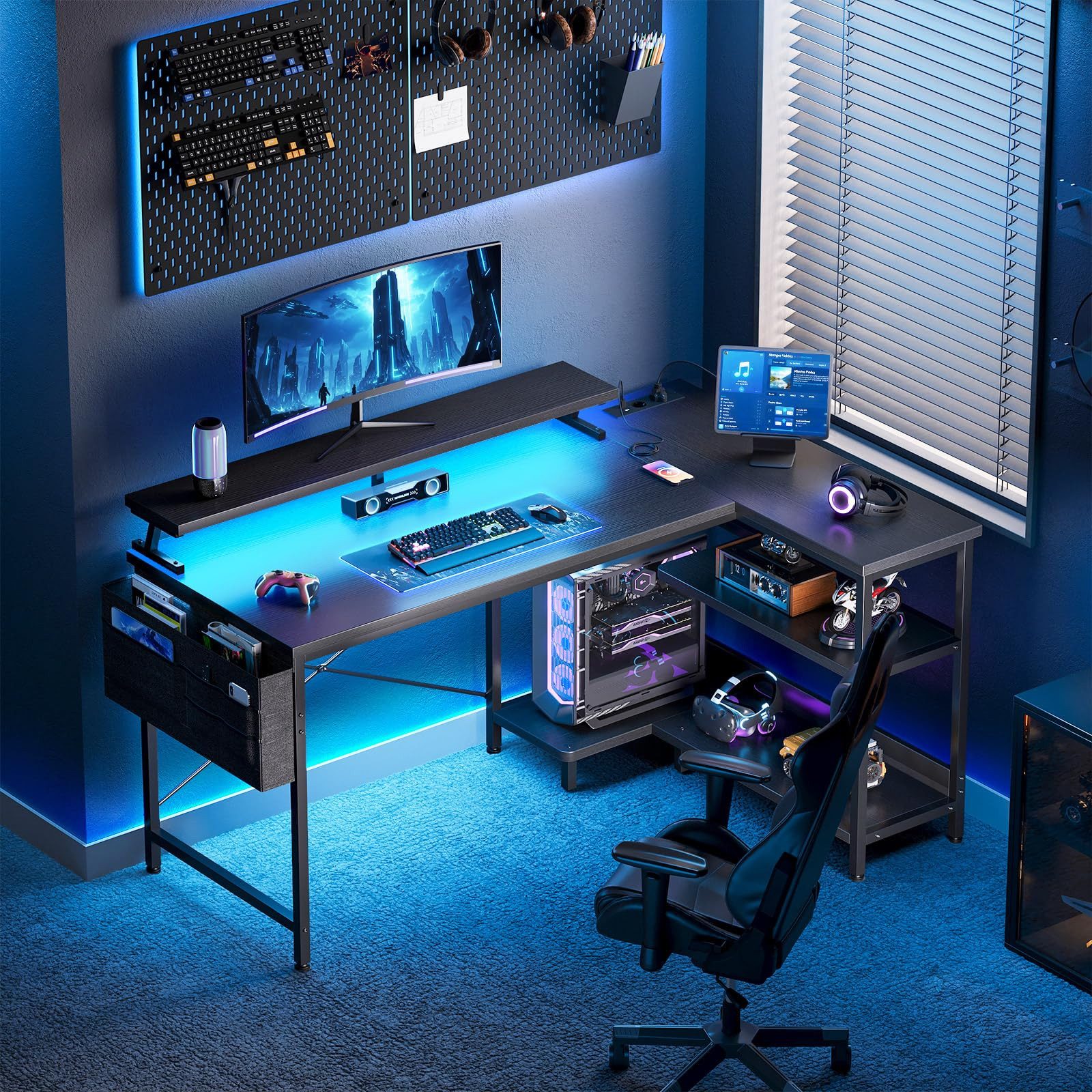 ODK Gamingtisch L Form mit LED-Beleuchtung und integrierter Steckdose (1-St), 120cm Schwarz Eckschreibtisch mit Monitorständer und Stauraum