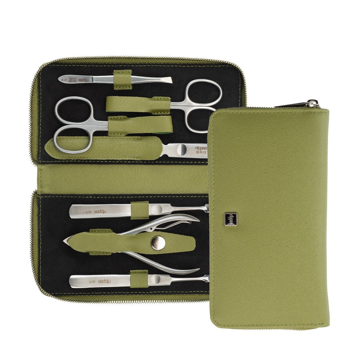 nippes Solingen Maniküre-Etui Maniküre Set "Verde" mit Etui aus veganer Lederalternative, 7-teilig, 7 tlg., Instrumente aus rostfreiem Edelstahl, Eukalyptus Leder